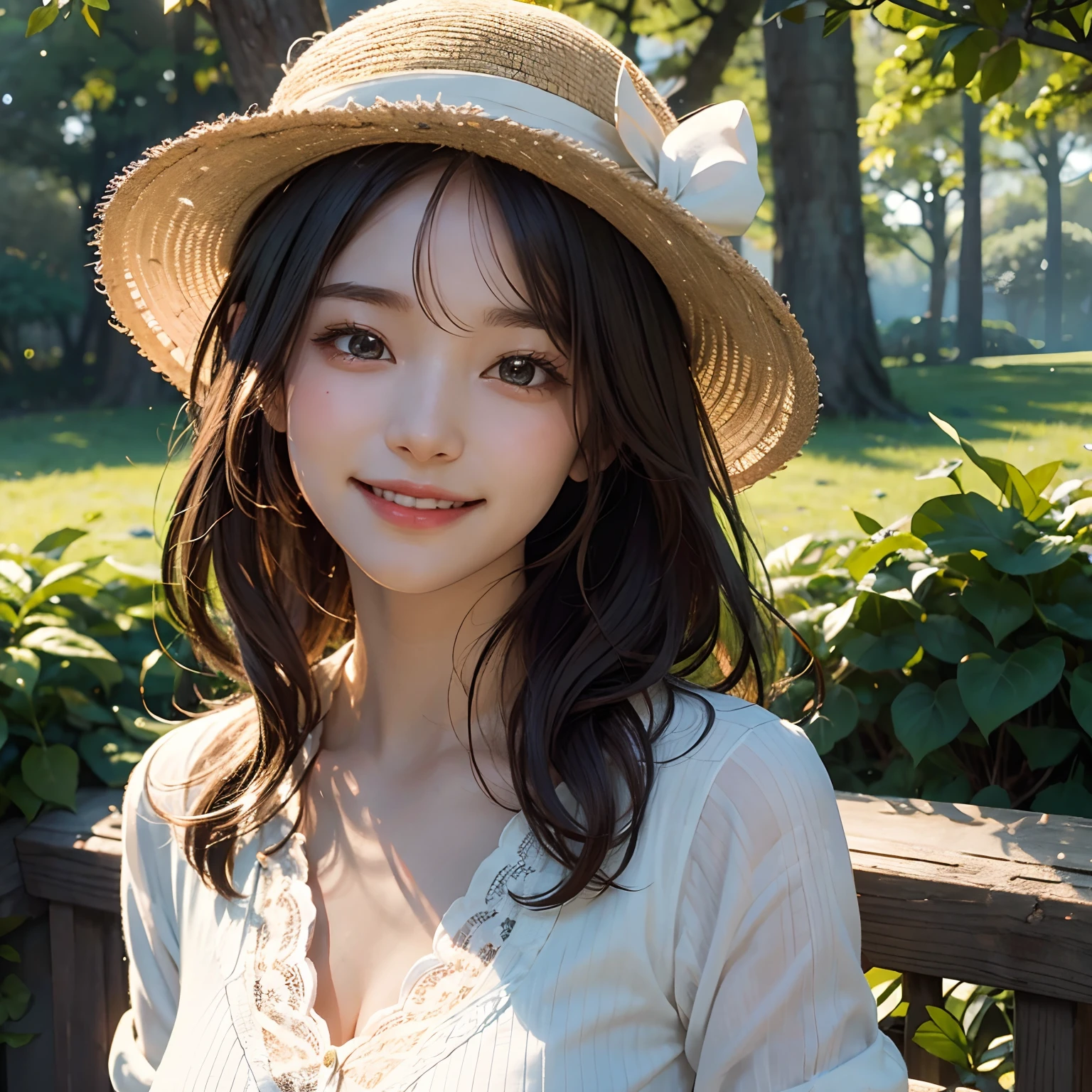 Top quality, 8K, Illustration of light novel style with delicate drawings in the adventure genre. A close-up of the herbalist's face. She is wearing a summer hat and has a feminine bob hairstyle. She is sweating and blushing slightly, but smiling beautifully. Her smile is warm and gentle, showing her white teeth. Her eyes are green and almond-shaped, looking at the protagonist with gratitude and curiosity. cinematic lighting