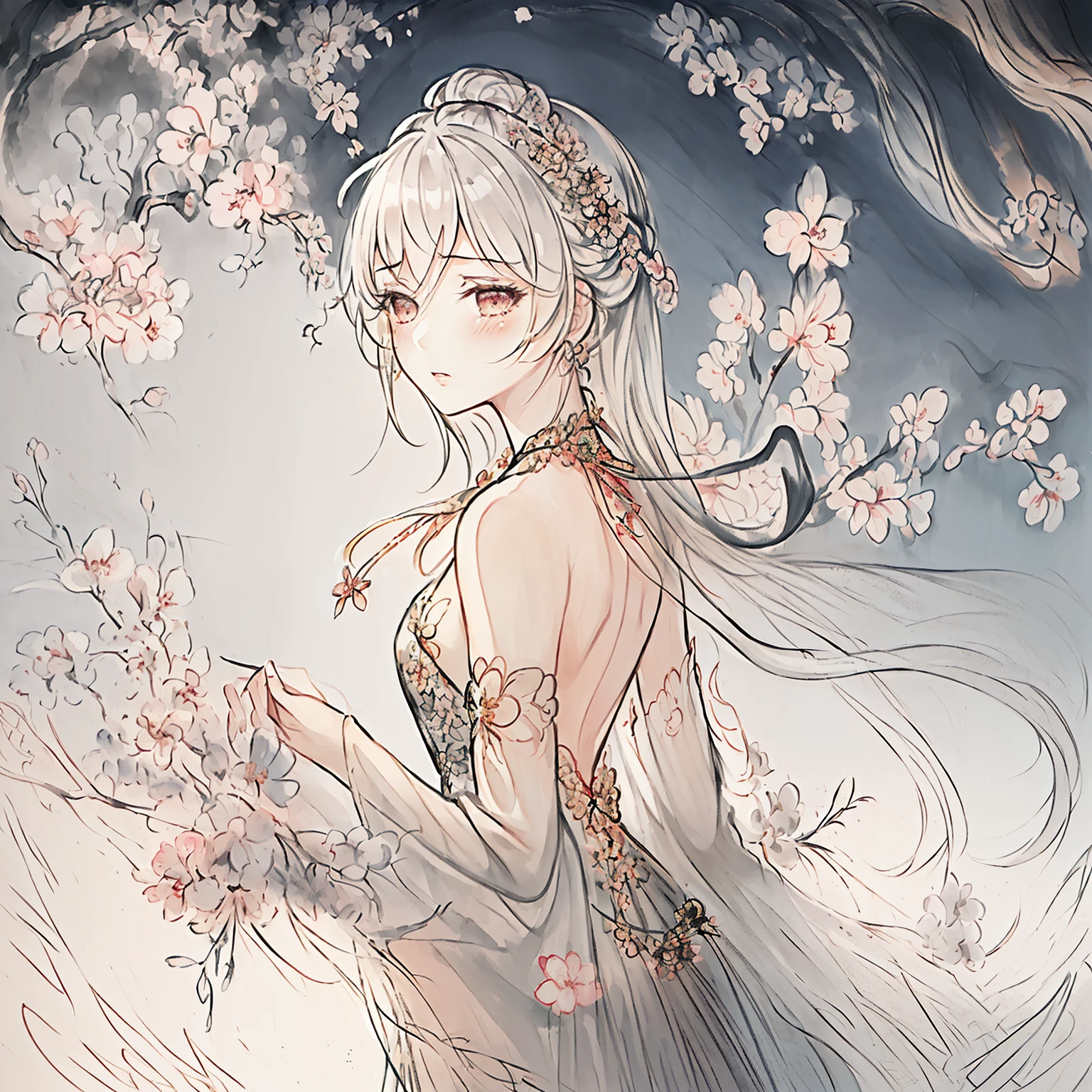 (((masterpiece))),(((best quality))),((ultra-detailed)), ((illustration)),floating, ((an extremely delicate and beautiful)),(beautiful detailed eyes),((disheveled hair)), (painting),(sketch), 1girl, small_breasts,((neck)),(((back))),(looking back), blush,dhalter dress, sliver hair,backless dress