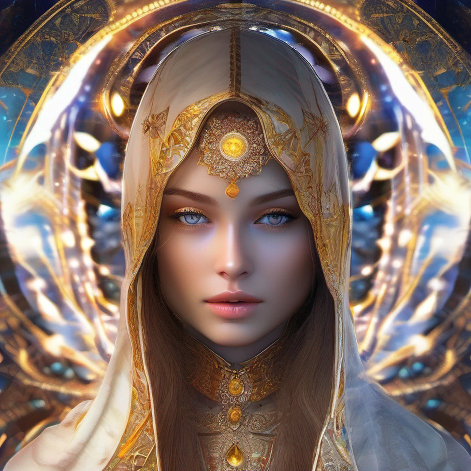 (masterpiece, top quality, best quality, official art, beautiful and aesthetic:1.2), (1girl), extreme detailed, (fractal art:1.3), colorful, highest detailed, perfect face, upper body, HDR, (praying:1.3), (white cloak golden lines:1.2), galaxy, (light streaks), striking visuals, (dynamic streaks, luminous trails:1.2), vibrant colors,