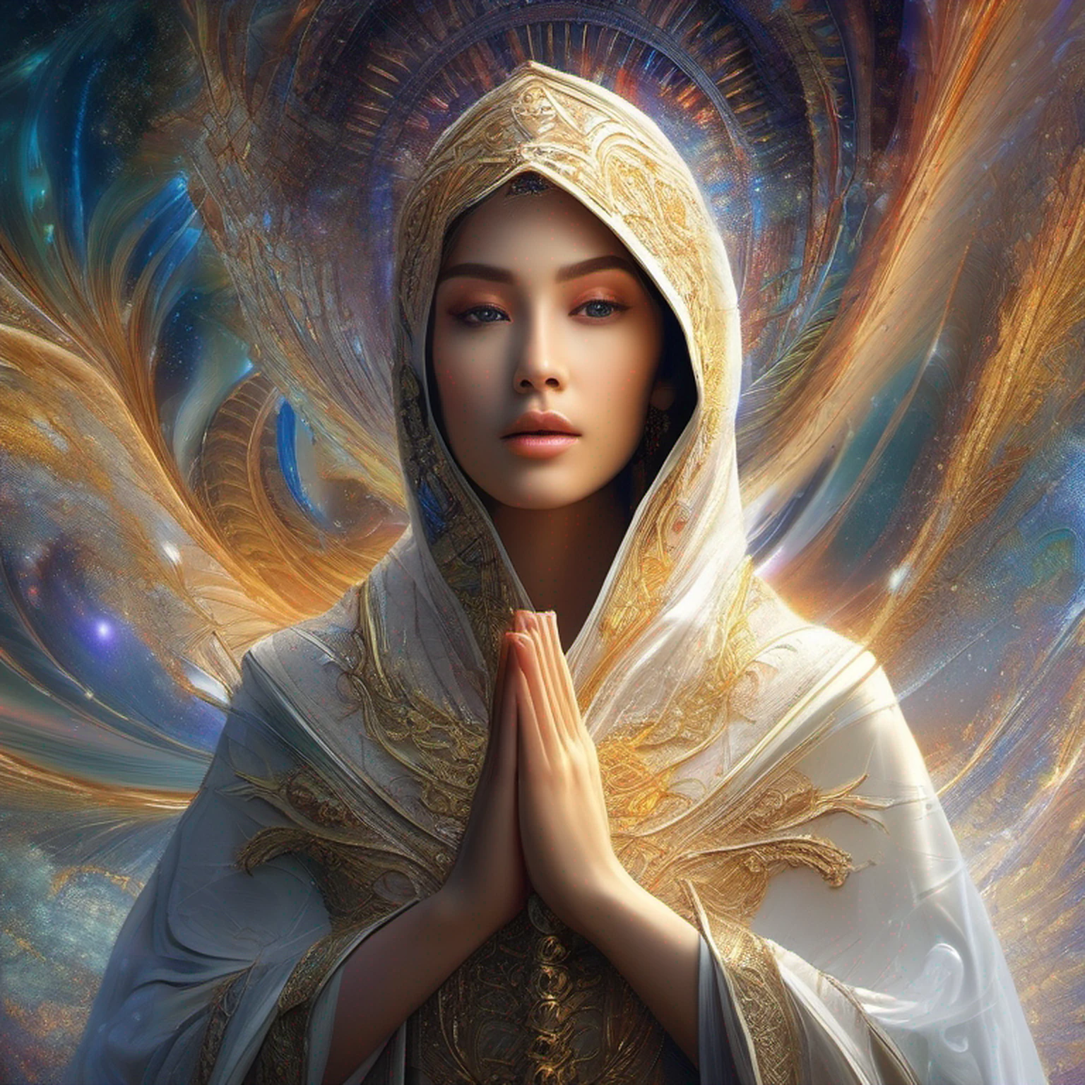 (masterpiece, top quality, best quality, official art, beautiful and aesthetic:1.2), (1girl), extreme detailed, (fractal art:1.3), colorful, highest detailed, perfect face, upper body, HDR, (praying:1.3), (white cloak golden lines:1.2), galaxy, (light streaks), striking visuals, (dynamic streaks, luminous trails:1.2), vibrant colors,