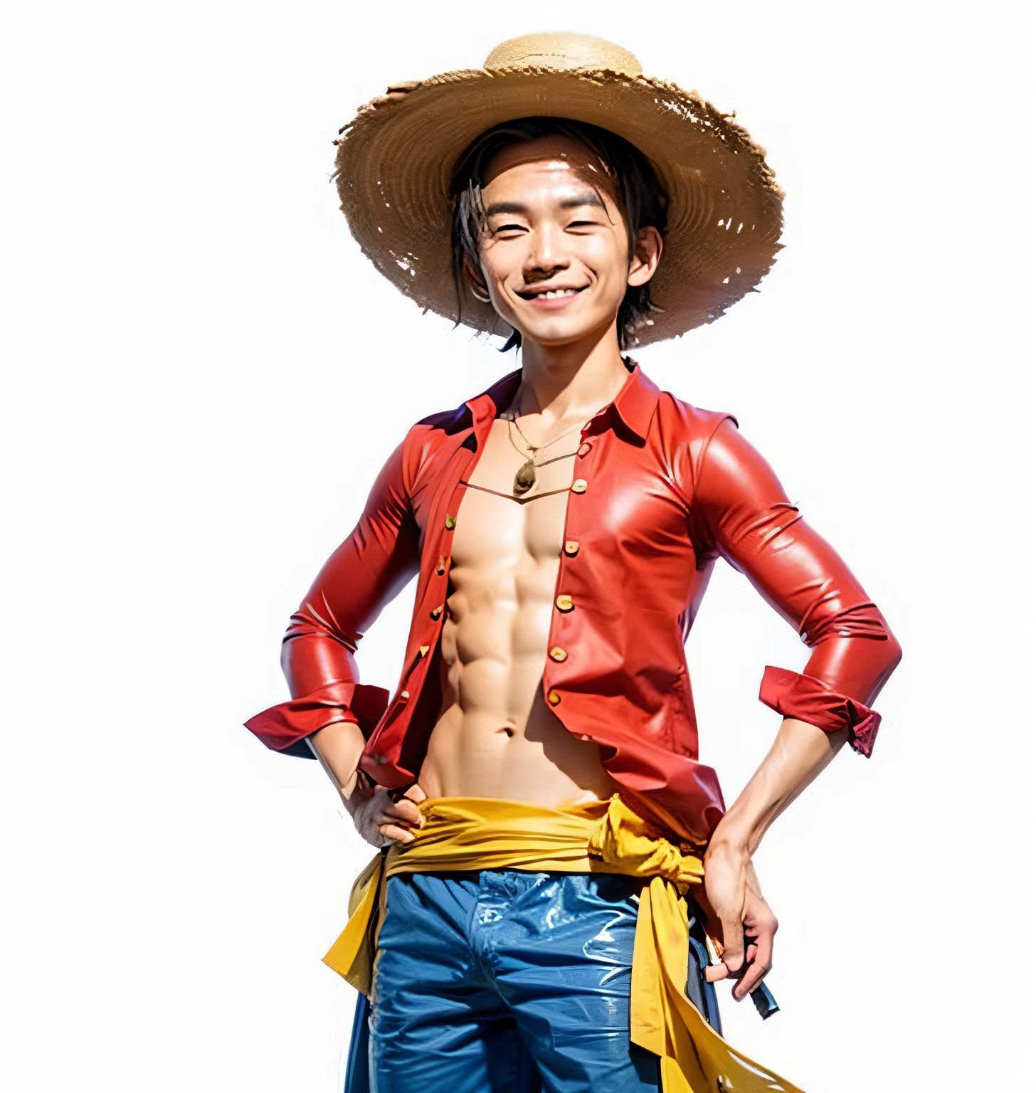 a close up of a Japanese man smiling and wearing a straw hat and a red top with golden buttons with a yellow cloth wrapped around his waist having muscular chest and abs, ultra realistic, high quality, detailed face