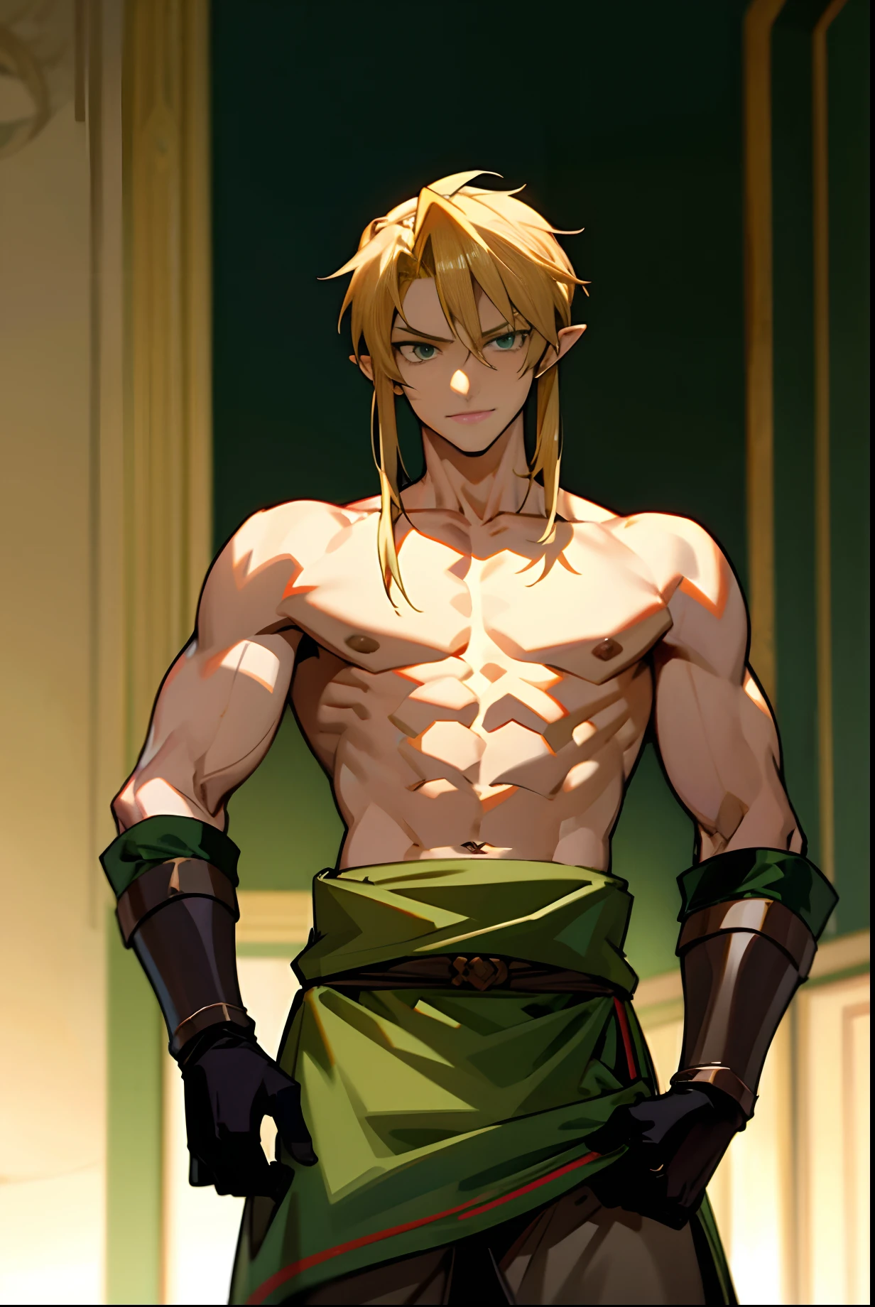 blond, tall, green-eyed guy, viking style, russian hero style, strong,  anime style, anime  , link, ( gloves), standing, (topless:1.3), demigod , (muscular:0.5)(from above:0.1),(sport:0.2), (empty dojo),(smiling:0.2), (dominant),(evil)(confident)(sadistic)(adult:1)(masculine:1)(slender:0.3)(from below:0.3)(powerful)(looking at viewer),(bedroom background)