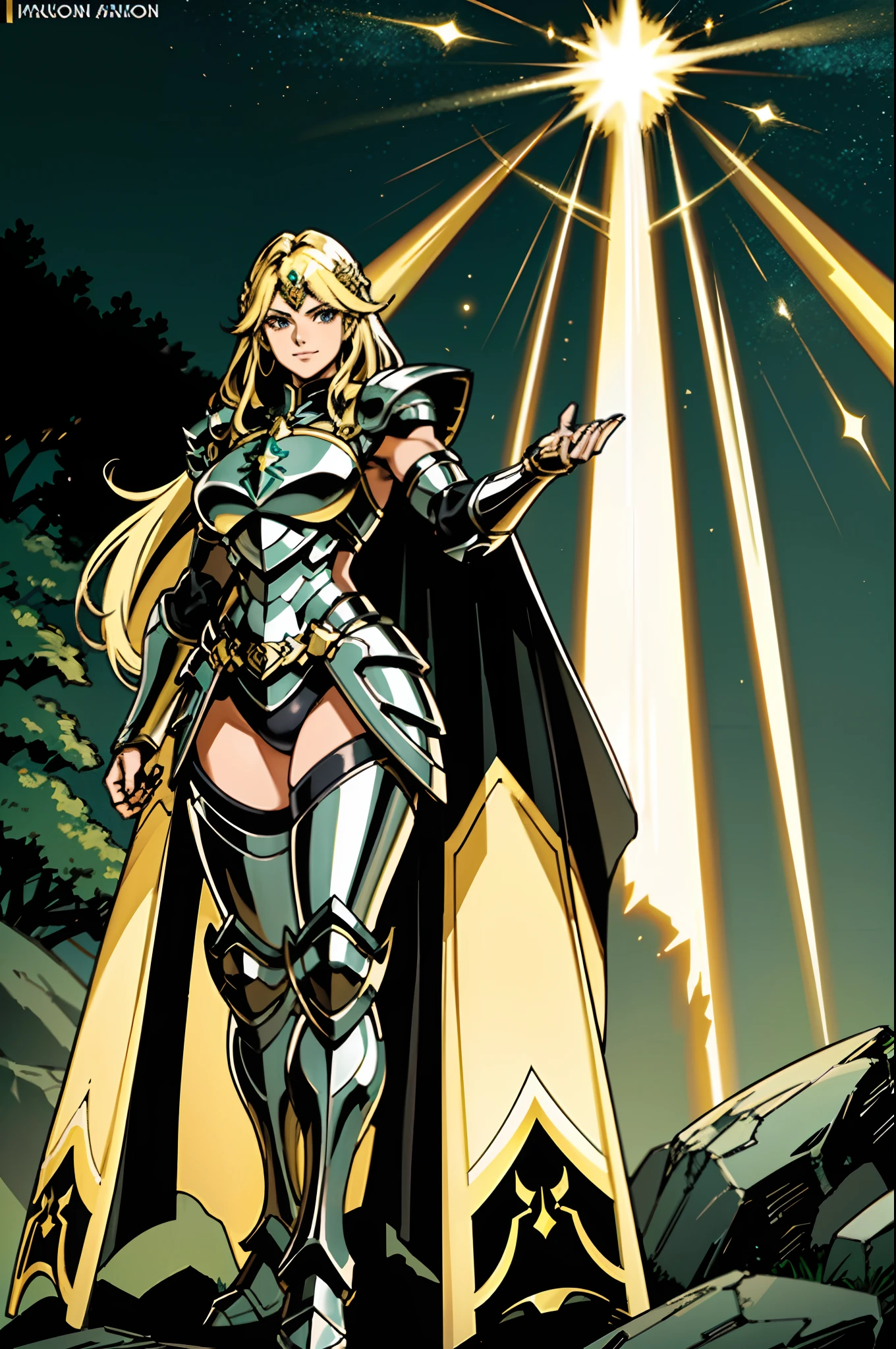 (1girl), wearing a heavy knight armor, dark armor, intricate black and gold armor details, intricate beautiful green fields, legendary, futuristic, saint seiya, long blonde hair, muscular, power pose, highly detailed background, fire in the eyes, aura power, highly detailed, white cape, smile