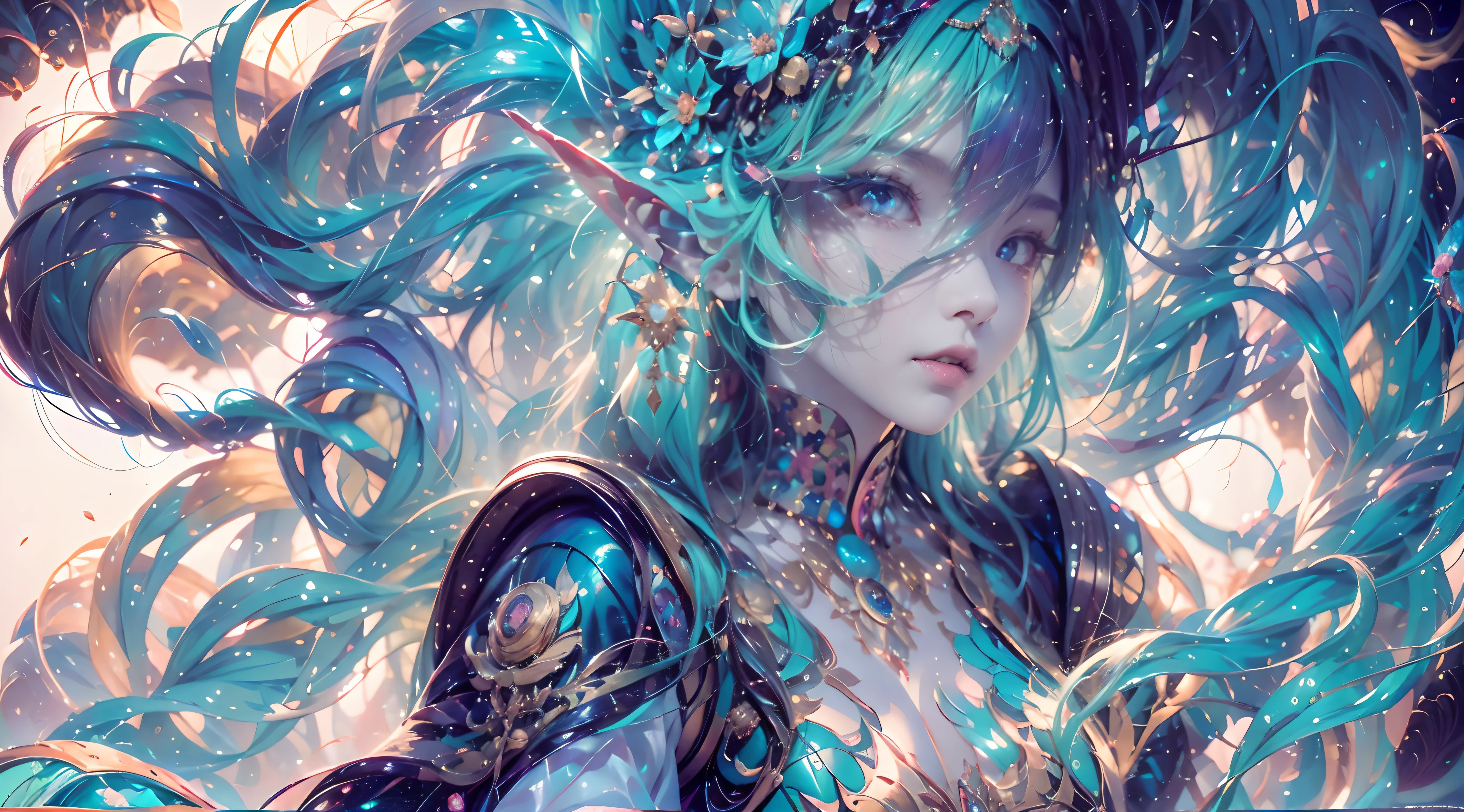 (best qualtiy,ultra - detailed,Most Best Illustration,Best shadow,tmasterpiece,A high resolution,professionalartwork,famousartwork),Sky blue picture style,Detailed eyes,beautidful eyes,closeup cleavage,sci-fy,colored sclera,Robot eyes,face markings,Tattooed with,(fractalized,Fractal eyes),largeeyes,Wide eyes,(Eye focus),sface focus,Cosmic eyes,Space eyes,Close-up of metal sculpture of a woman with a moon in her hair,goddes。extremly high detail,3 d goddess portrait,Extremely detailed footage of the goddess,a stunning portrait of a goddess,Side image of the goddess,portrait of a beautiful goddess,Full body close-up portrait of the goddess,hecate goddess,portrait of a norse moon goddess,goddess of space and time,PureErosFace_V1,Urzang-6500-V1 version.1,