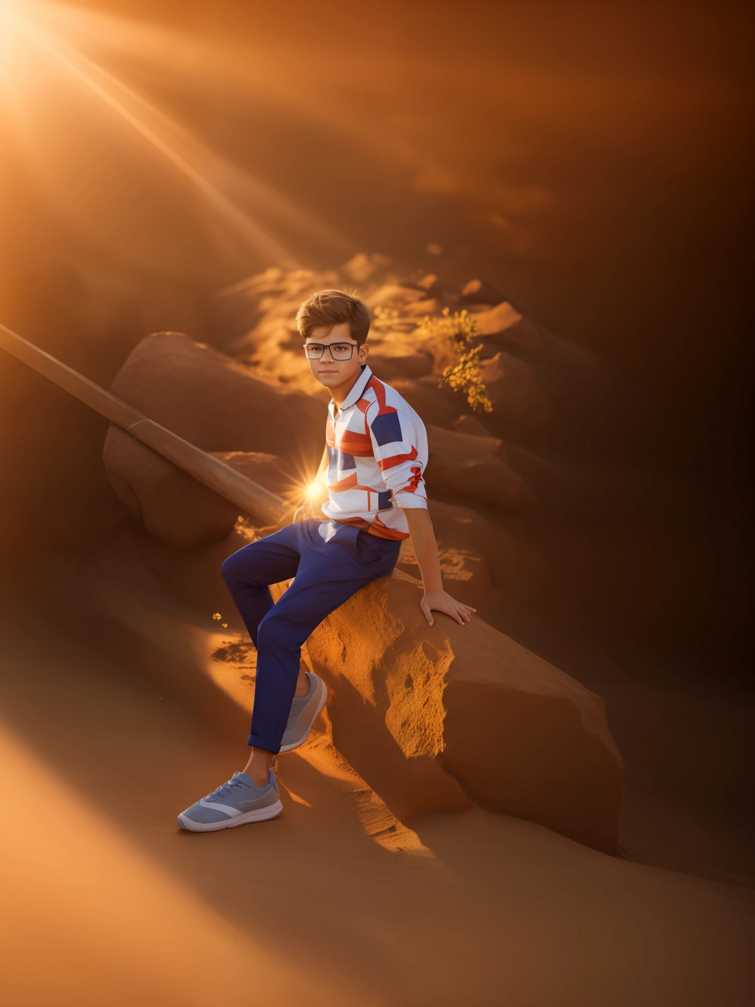 Charge background and sunlight in background, hyper realistic, realistic face, warm tone, 8k resolution and 3d, handsome boy