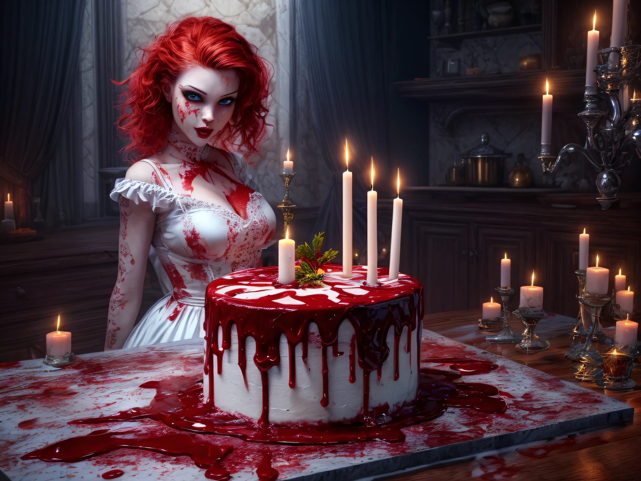 a 3D picture of extremely (beautiful female vampire: 1.4) looking at (red MasterChef style cake: 1.5), an exquisite beautiful vampire, ultra feminine ultra detailed face, red hair, short hair, pale skin, red lips, blue eyes, wearing sexy white seductive latex dress, blood stains on the dress, looking at a red Bakeoff, award winning cake, 2 floors, decorated with red whipped cream, and artful stylish decorations, blood dripping from the cake, dark castle style kitchen background, dim candles light, dark fantasy art, gothic art,  dynamic angle, best details, best quality, 16K, [ultra detailed], masterpiece, best quality, (ultra detailed), full body, ultra wide shot, photorealistic, 3D rendering,