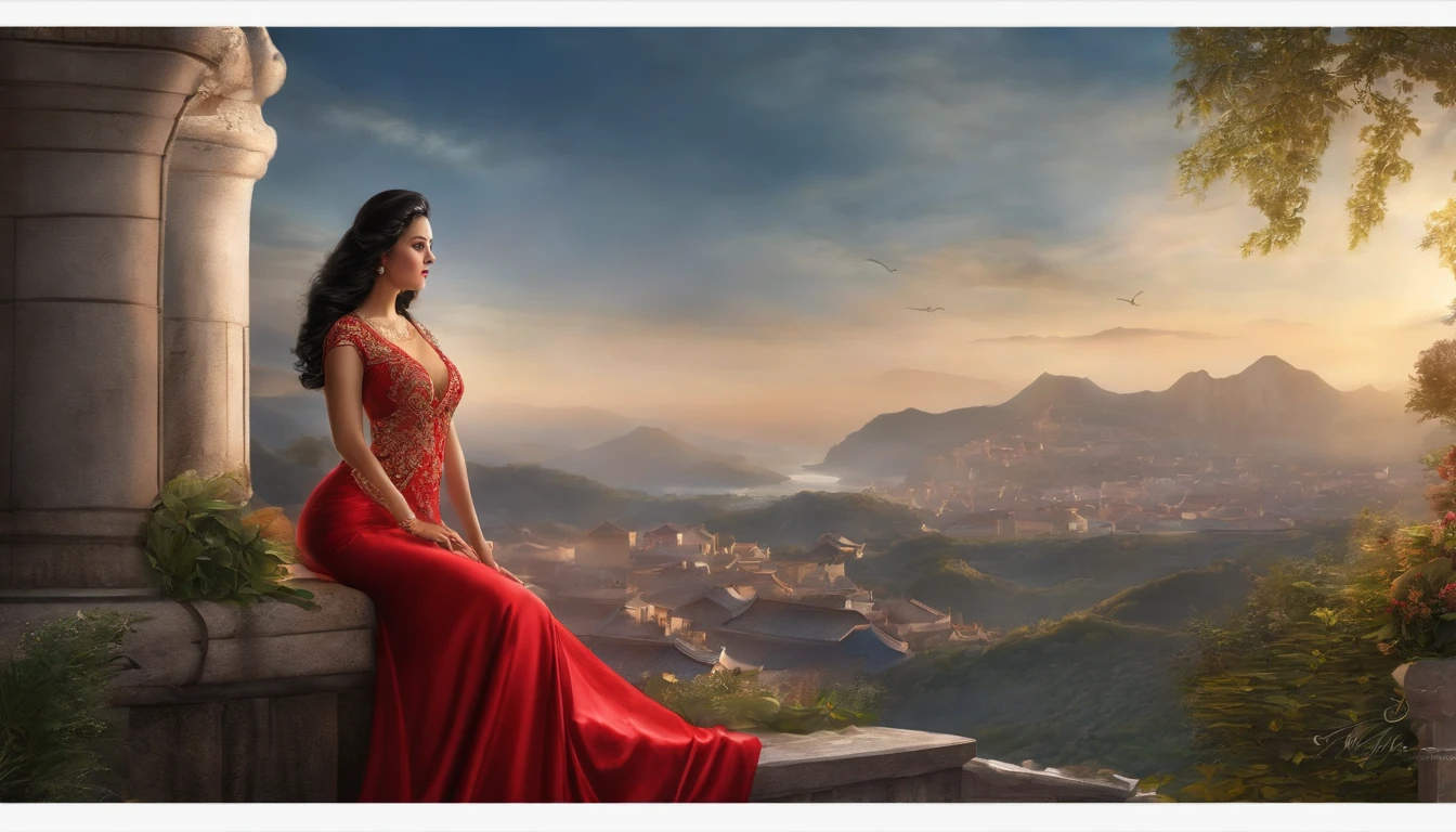 Masterpiece, Best quality, (Photorealistic:1.4), full bodyesbian, (dress:1.1)(evening formal robes:1.1)(Wisps 1.1)(Embroidered seedling edge Q1.1) view over city, Cinematic light, Beautiful woman, ((From any direction)), sport, Large breasts, Black hair,Chinese face, rim, Detailed dress,