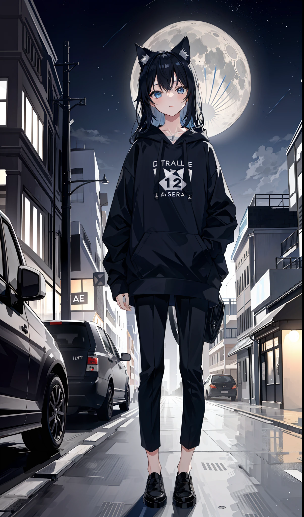 1girl, 12 years old, realistic, she is wearing short black pants, she is wearing blue hoodie, black hair, cat ear, cat tail, long hair, Sleepy face, street, star eye, night, super moon, The text is bold and eye-catching, with catchy slogans that add to the overall drama and excitement, meteor in the sky, hd, Luxury car behind,