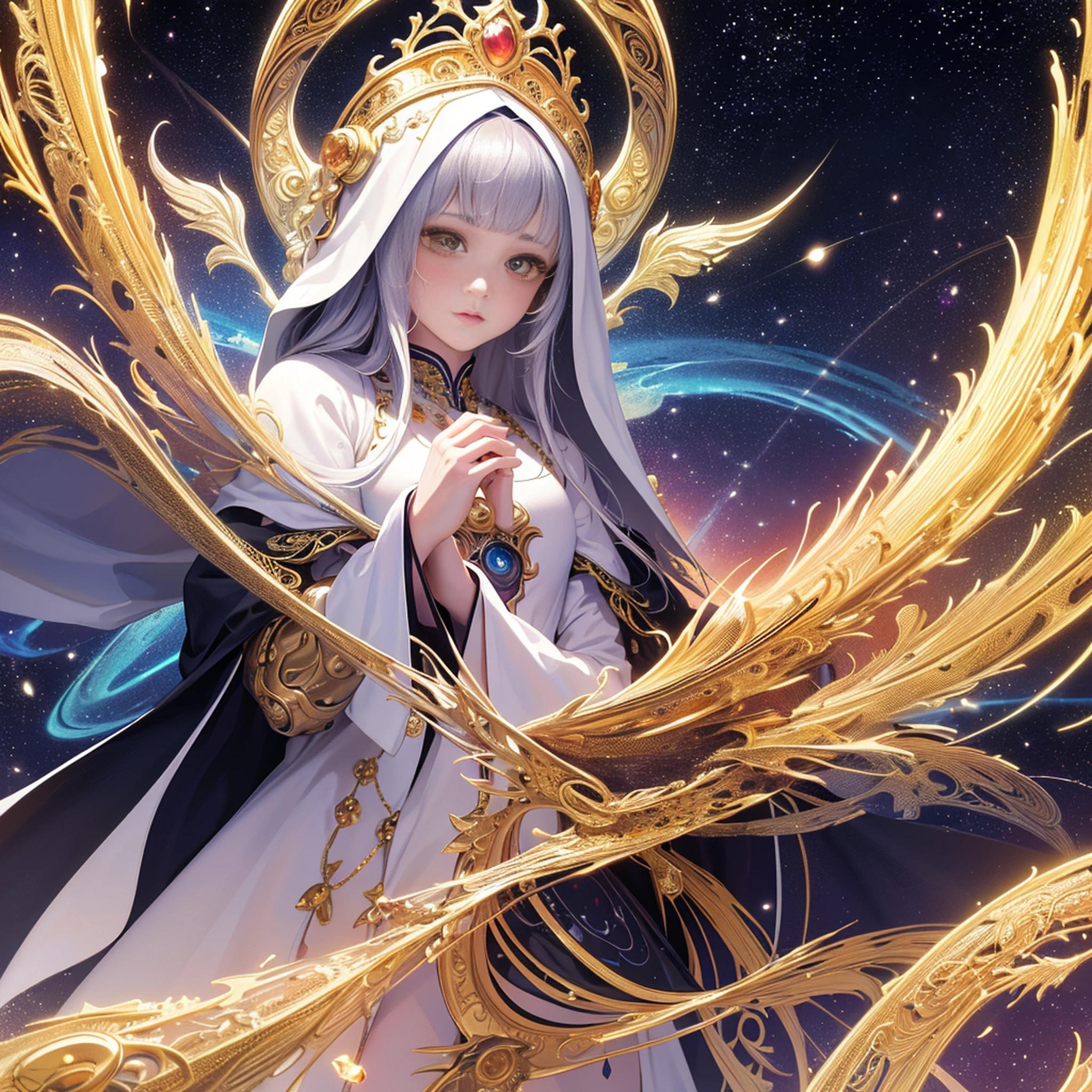 (masterpiece, top quality, best quality, official art, beautiful and aesthetic:1.2), (1girl), extreme detailed, (fractal art:1.3), colorful, highest detailed, perfect face, upper body, HDR, (praying:1.3), (white cloak golden lines:1.2), galaxy, (light streaks), striking visuals, (dynamic streaks, luminous trails:1.2), vibrant colors,