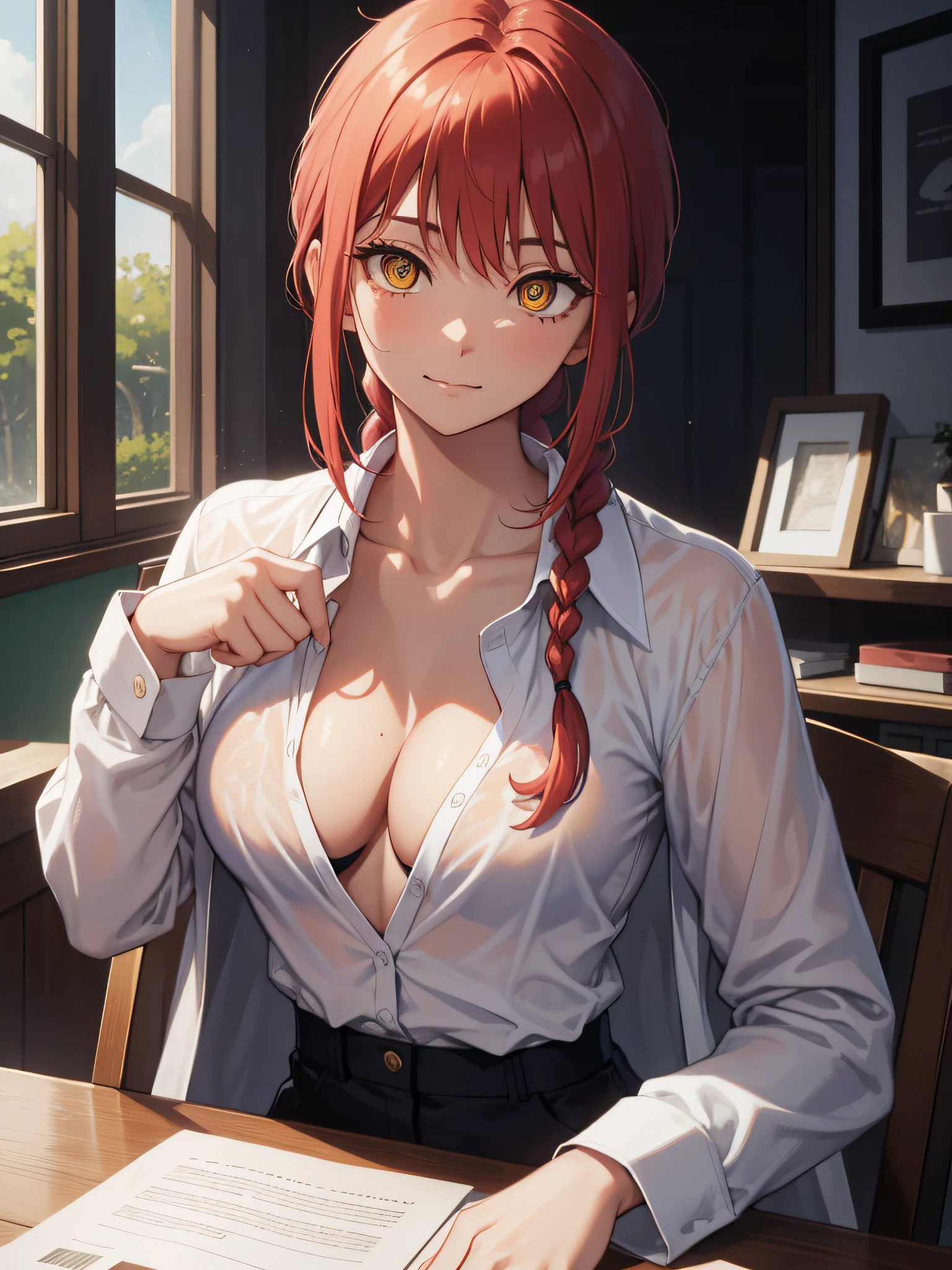 makima, makima, long hair, smile, closed mouth bangs, medium breasts, (yellow eyes:1.2), braid, red hair, braided ponytail, ringed eyes, BREAK shirt, long sleeves, white shirt, wet shirt, see through, black bikini, black bikini see through, upper shirt button off, cleavage, collar bones exposed, collar bones, collar bones visible, light boob cleavage, sitting on table, above angle, collared shirt, collared white shirt pants, black pants, formal, suit, shirt tucked in, office lady, BREAK indoors, office, BREAK looking at viewer, BREAK (masterpiece:1.2), best quality, high resolution, unity 8k wallpaper, (illustration:0.8), (beautiful detailed eyes:1.6), extremely detailed face, perfect lighting, extremely detailed CG, (perfect hands, perfect anatomy), plain neck, empty neck, NO jewellery, NO choker, NO neck band, just empty neck