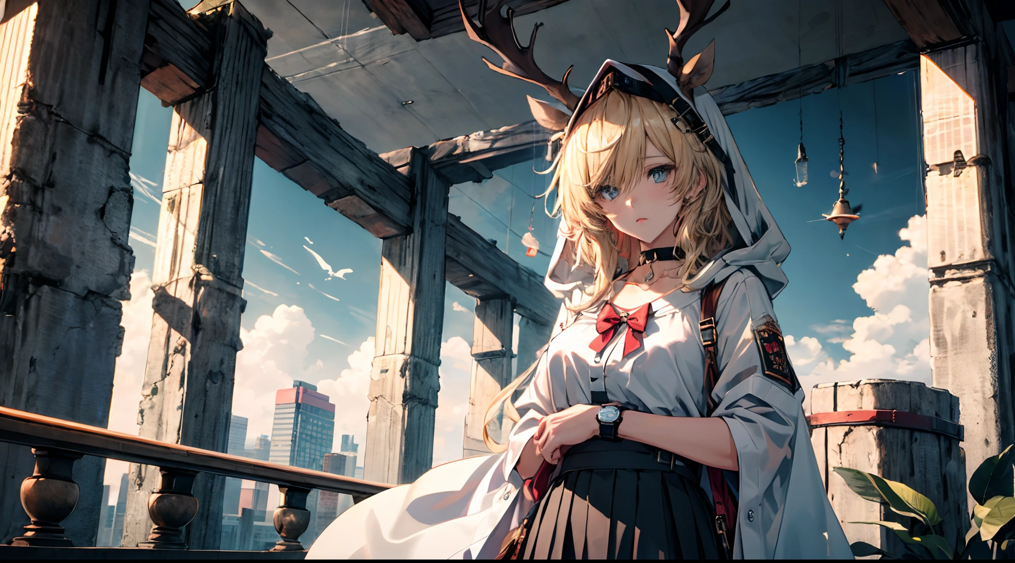 (((Masterpiece))),(incredibly_absurderes),(Best quality),(A high resolution),(Highly detailed),((CG unity 8k wallpaper))，Best quality at best，tmasterpiece，1girll，blond hairbl，messy  hair，curly_Hair，The shirt，a skirt，kawai，JK，Red_bow，Wrist watch，choker necklace，view over city，Original photo of 8K，超高分辨率，highest details，复杂，8K，hdr，