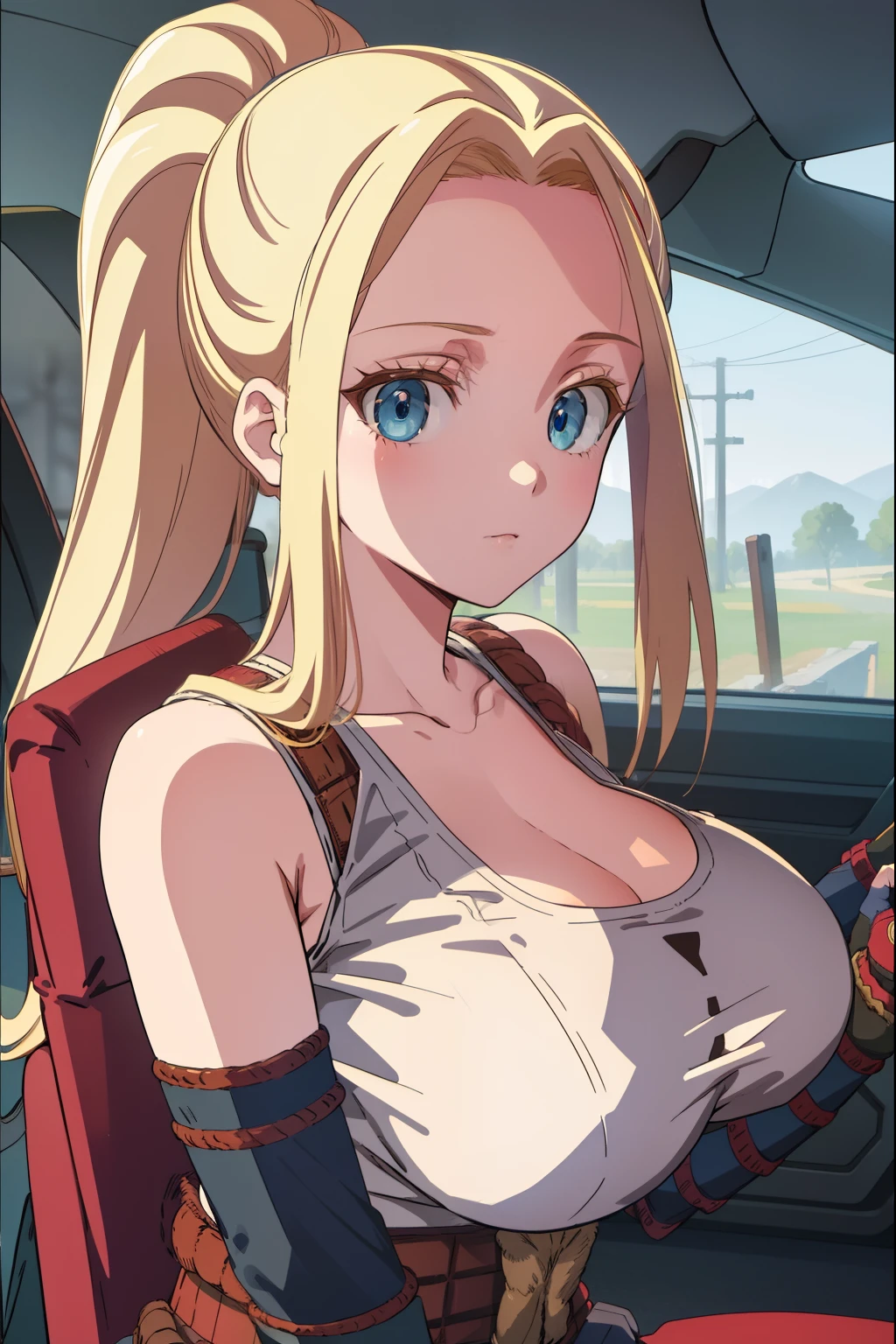 beatrixamerhauser, beatrix amerhauser, long hair, blue eyes, blonde hair, gloves, ponytail, (huge tits),
BREAK gloves, fingerless gloves, armor, japanese armor, tank top, white tank top, cleavage, collarbone,
BREAK looking at viewer,
BREAK outdoors,
BREAK (masterpiece:1.2), best quality, high resolution, unity 8k wallpaper, (illustration:0.8), (beautiful detailed eyes:1.6), extremely detailed face, perfect lighting, extremely detailed CG, (perfect hands, perfect anatomy),