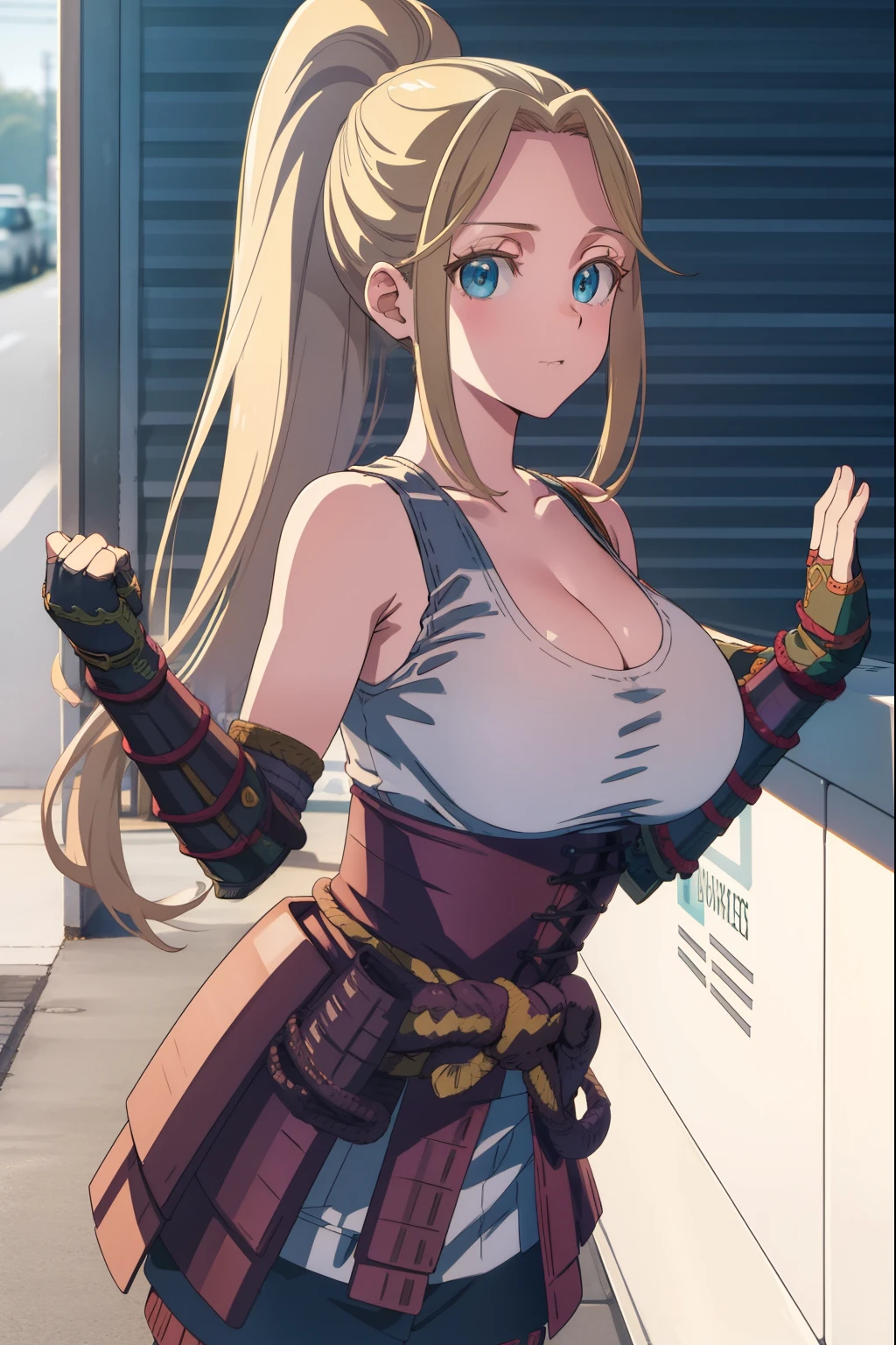 beatrixamerhauser, beatrix amerhauser, long hair, blue eyes, blonde hair, gloves, ponytail, (huge tits),
BREAK gloves, fingerless gloves, armor, japanese armor, tank top, white tank top, cleavage, collarbone,
BREAK looking at viewer,
BREAK outdoors,
BREAK (masterpiece:1.2), best quality, high resolution, unity 8k wallpaper, (illustration:0.8), (beautiful detailed eyes:1.6), extremely detailed face, perfect lighting, extremely detailed CG, (perfect hands, perfect anatomy),
