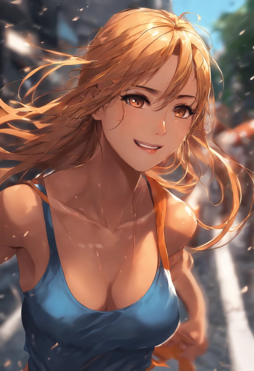 Hot tanned anime girls, running, sweating a lot, wet body, wet face