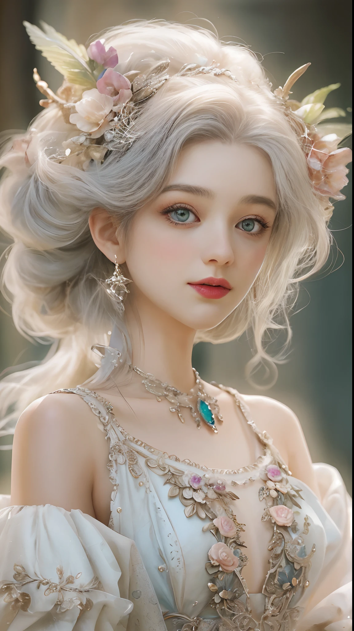 (Best quality, 4K, 8K, A high resolution, Masterpiece:1.2), Ultra-detailed, Realistic portrait of an aristocratic maiden, Exquisite facial features,Detailed expression, Graceful posture, Dreamy atmosphere, expressive brush strokes, mystical ambiance, Artistic interpretation,Delicately coiled hair,Delicate floral jewelry,Small fresh aesthetics,Stunning intricate costumes, a whimsical illustration, Subtle colors and tones, mystical aura,The details have been upgraded