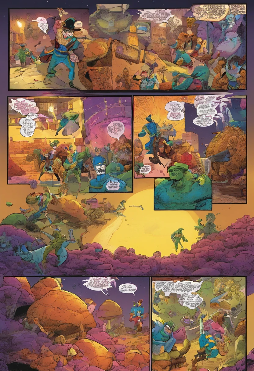 American comics, The comic story is presented in multiple irregular colored panels. Jojo's bizarre adventure,SpongeBob SquarePants fights with Pie Big Star with a stand-in,deep in the night,Rich special effects. The style is exaggerated and meticulous