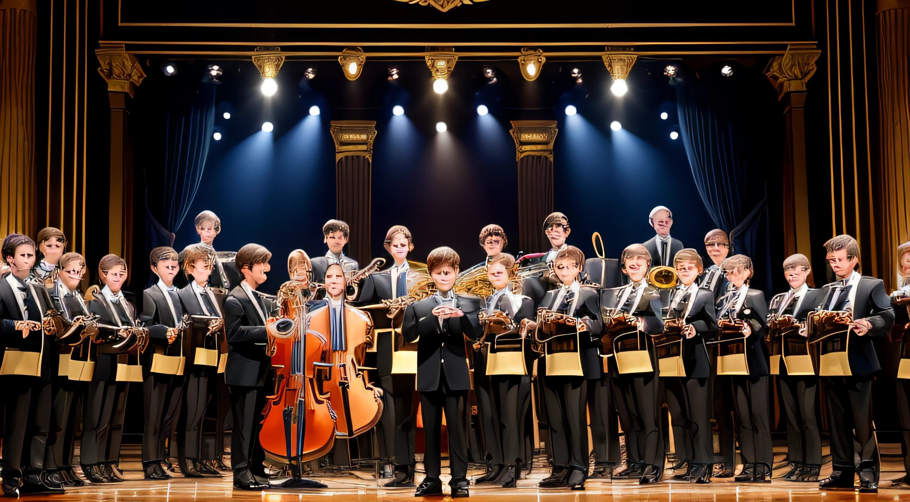 symphonic music band for children, boys and girls, beautiful faces, realistic, photo, show me the wind instruments, on the stage of the vienna opera during a concert, show lights,
