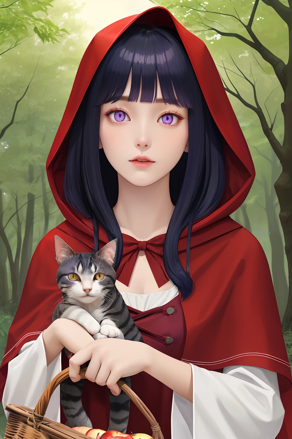 Cat character、red riding hood、in woods、2 head body、Apple basket、animesque、no_human,long dark blue hair,Blunt Bangs,purple eyes,1 girl, Hinata Hyuga