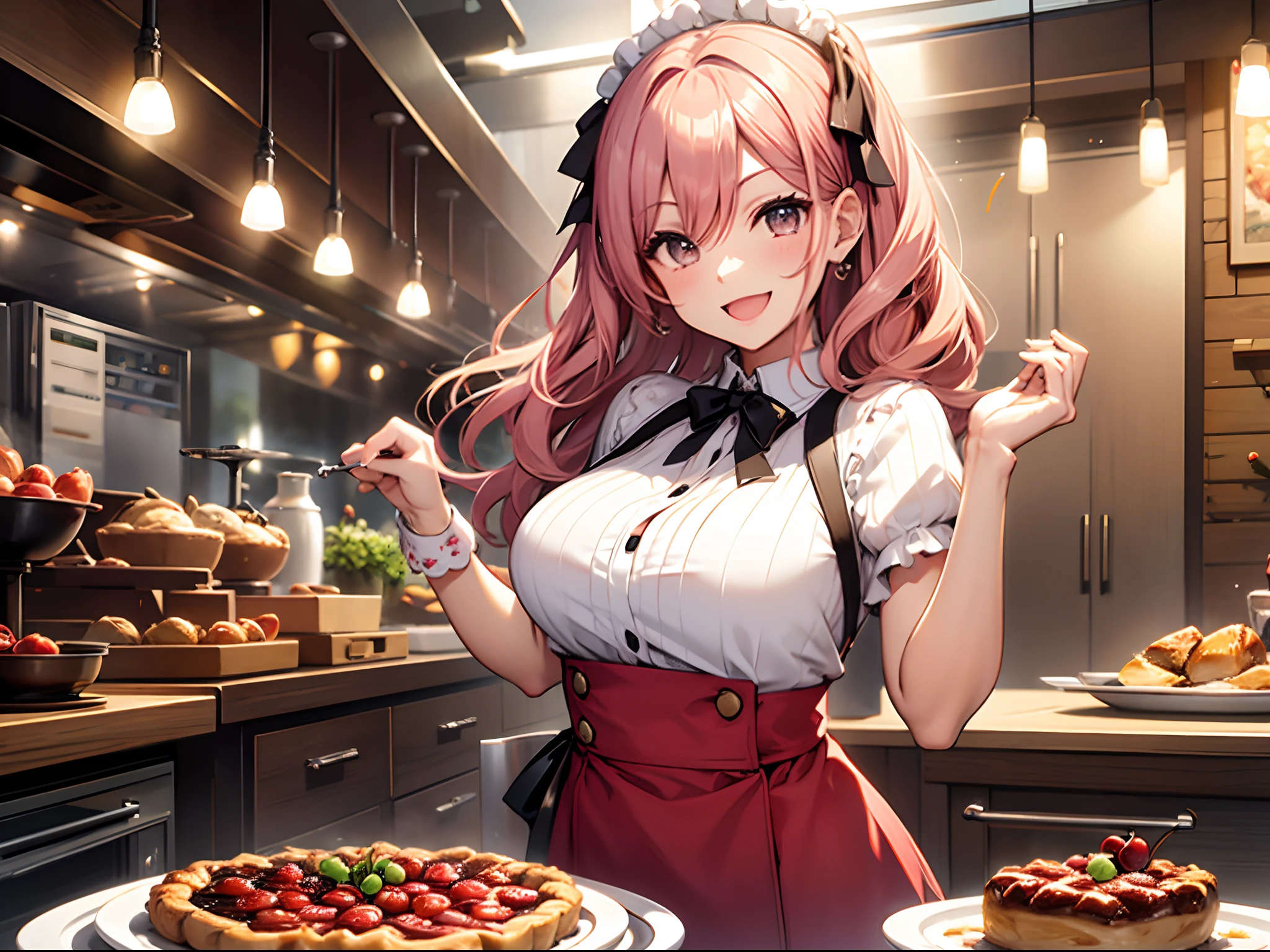 Cheerful girl making Cherry tarte tatin,