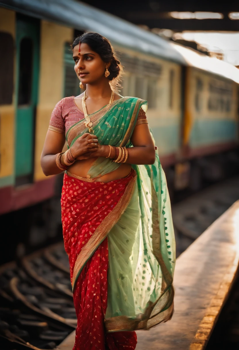 A portrait of a women with saree, walking on the platform of railway station in india, walking beside the train, cinematic, realistic photo, very detailed