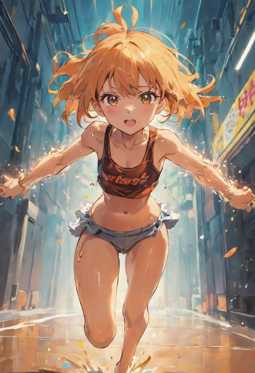 Hot tanned anime girls, running, sweating a lot, wet body, wet face