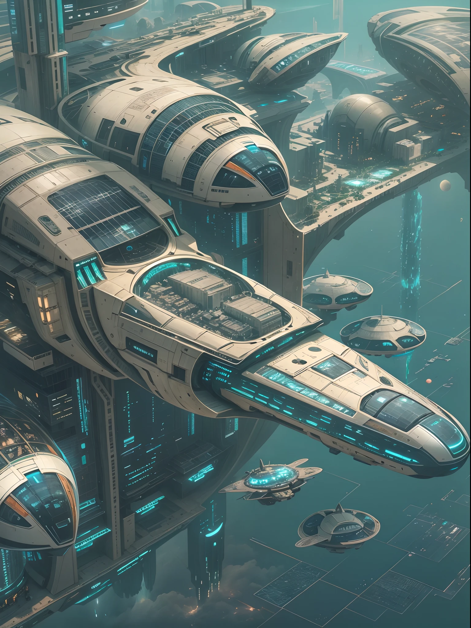 futuristic city, 24th century, spaceship, space colony, futuristic society