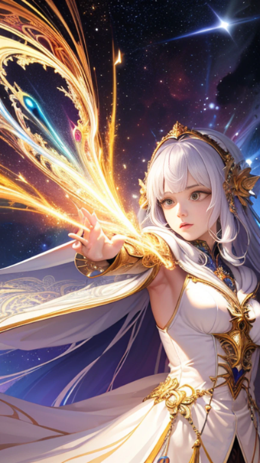 (masterpiece, top quality, best quality, official art, beautiful and aesthetic:1.2), (1girl), extreme detailed, (fractal art:1.3), colorful, highest detailed, perfect face, upper body, HDR, (praying:1.3), (white cloak golden lines:1.2), galaxy, (light streaks), striking visuals, (dynamic streaks, luminous trails:1.2), vibrant colors,