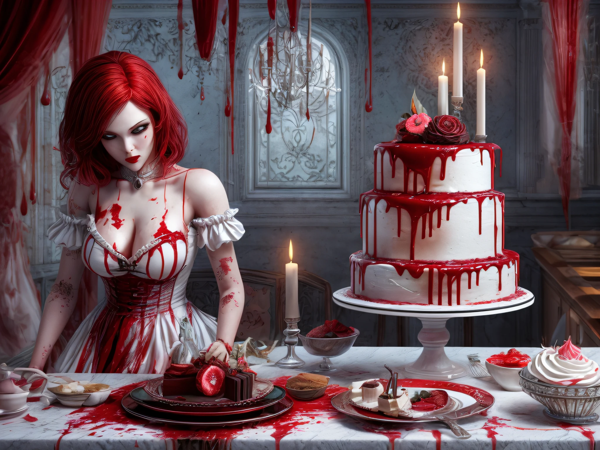 a 3D picture of extremely (beautiful female vampire: 1.4) looking at (red MasterChef style cake: 1.5), an exquisite beautiful vampire, full body, ultra feminine ultra detailed face, red hair, short hair, pale skin, red lips, blue eyes, wearing sexy white seductive latex dress, blood stains on the dress, looking at a red Bakeoff, award winning cake, 2 floors, decorated with red whipped cream, and artful stylish decorations, blood dripping from the cake, dark castle style kitchen background, dim candles light, dark fantasy art, gothic art,  dynamic angle, best details, best quality, 16K, [ultra detailed], masterpiece, best quality, (ultra detailed), full body, ultra wide shot, photorealistic, 3D rendering,