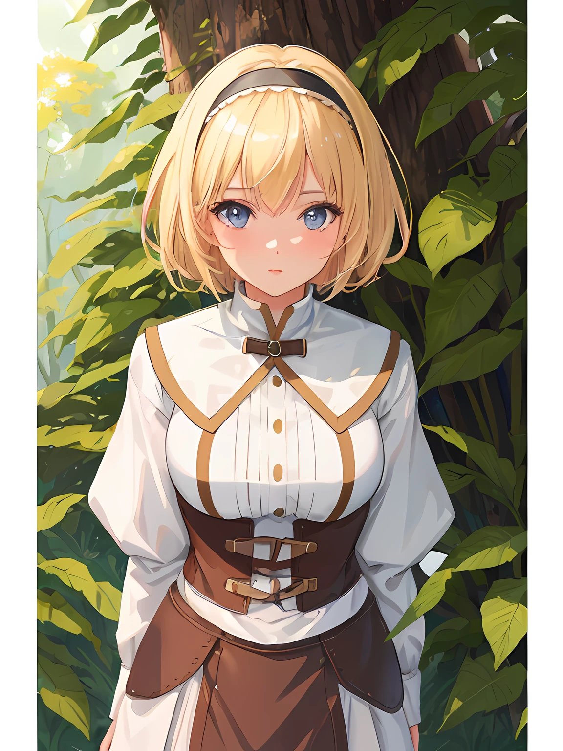 1girl. cute anime girl, blonde hair, short hair, fringe, hairband medieval dress, brown boots, dynamic pose, forest, tree, autum, leafs, clean detailed faces, analogous colors, beautiful gradient, clean image, high quality, high detail, high definition, cute face, 4k resolution, full body, ultra sharp focus, extremely detailed eyes, detailed symmetric realistic face, extremely detailed natural texture, extremely detailed, fine detail, rich colors, one body, fully clothed, head in frame, body in frame,