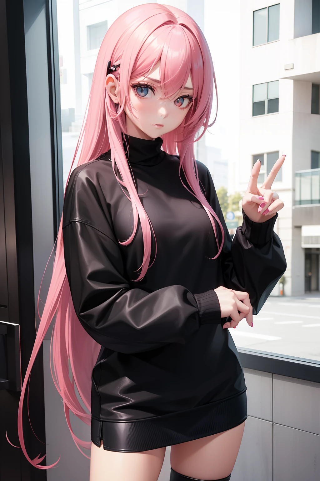 Leader of Runaway Bad Girl, Long Black Jumper, a cool、Skin Jean Miniskirt, Semi-long pink hair, Looking at the viewer, Front view,