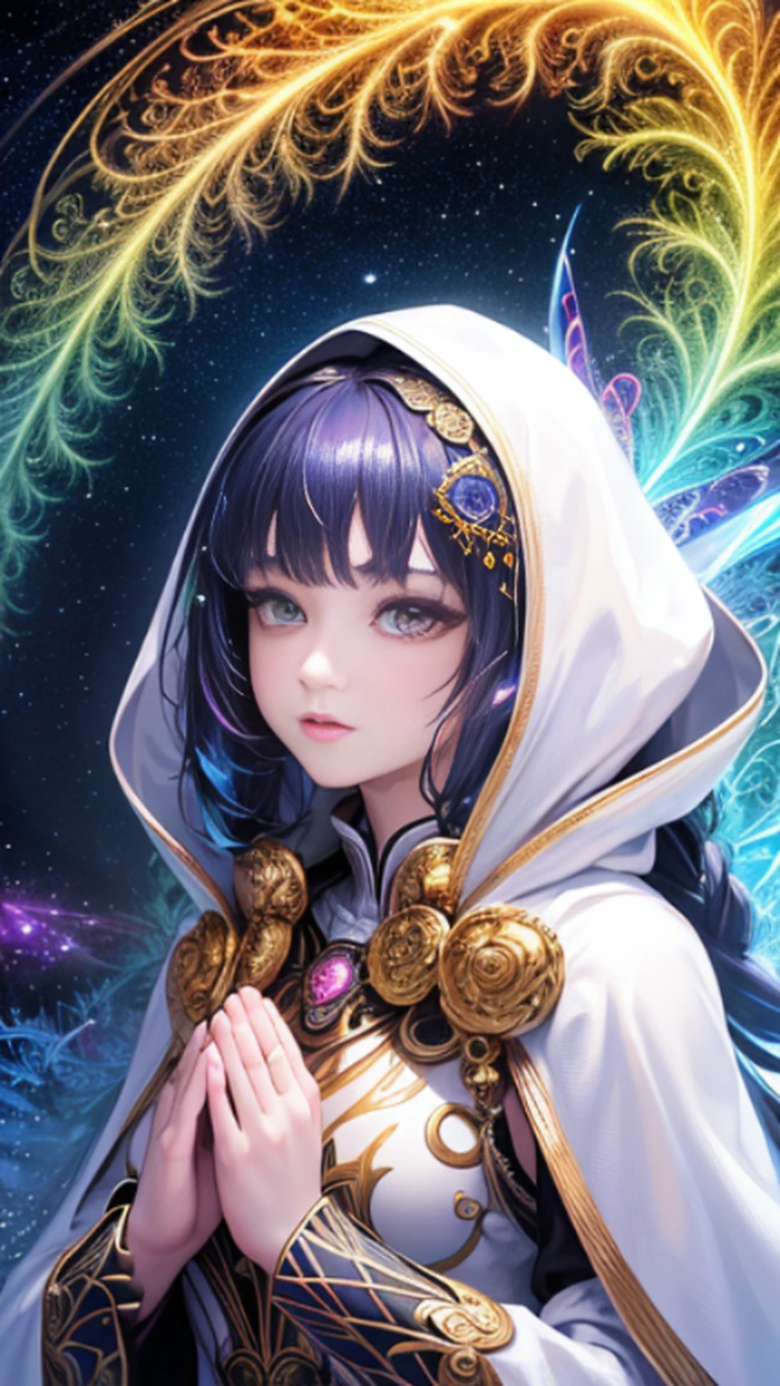 (masterpiece, top quality, best quality, official art, beautiful and aesthetic:1.2), (1girl), extreme detailed, (fractal art:1.3), colorful, highest detailed, perfect face, upper body, HDR, (praying:1.3), (white cloak golden lines:1.2), galaxy, (light streaks), striking visuals, (dynamic streaks, luminous trails:1.2), vibrant colors,
