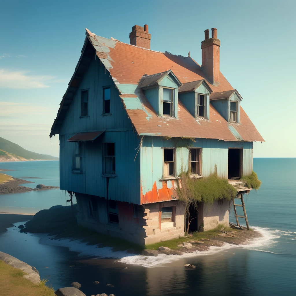old, Abandoned house, On a sagging rock, against the background of the sea.