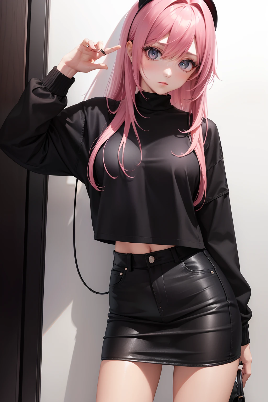 Leader of Runaway Bad Girl, Long Black Jumper, a cool、Skin Jean Miniskirt, short pink hair, Looking at the viewer, Front view,
