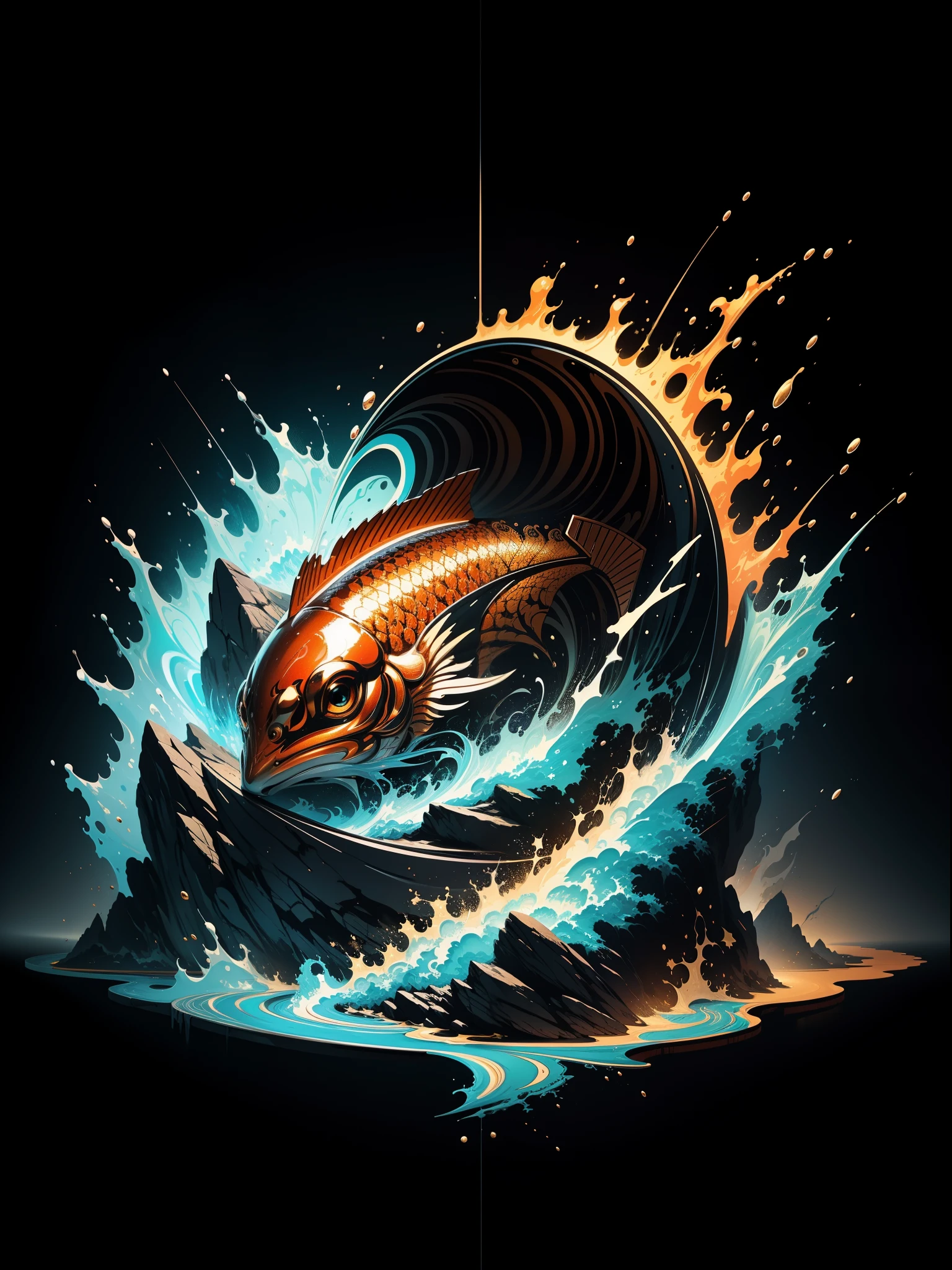 [Silver goldfish 1.5] , Logo masking style illustration, by Dan Mumford, By Greg Rutkowski, by james jean, Black background, Mysterious, Fantasy Art, Realistic, An majestic, rich vivid colors, High contrast, Seamless Water Brand, art  stations, deviantart, dribbling, Red Bubble, Tea Public, Sharp Focus, It features a simple, Hyper Detailed, Detailed drawing, vectorized, outline, Isometric style, 8K."