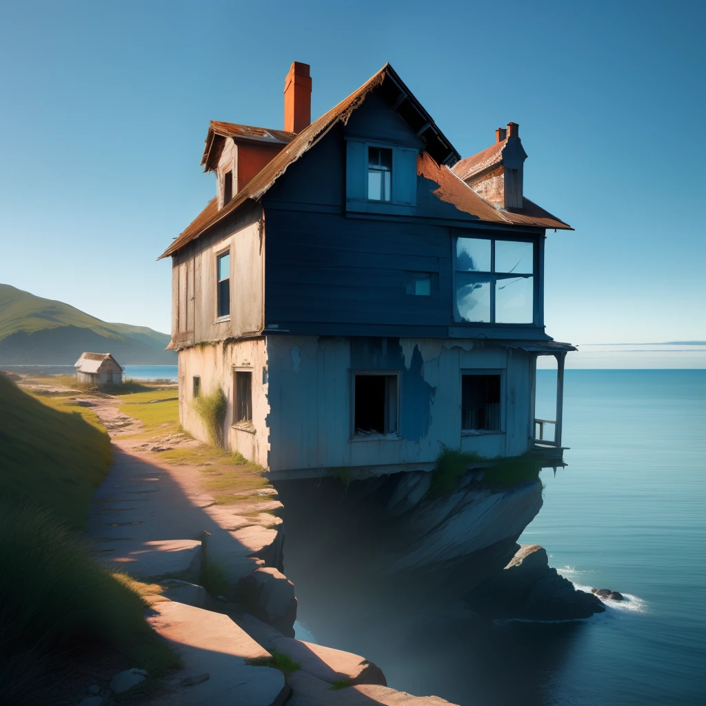 old, Abandoned house, On a sagging rock, against the background of the sea.