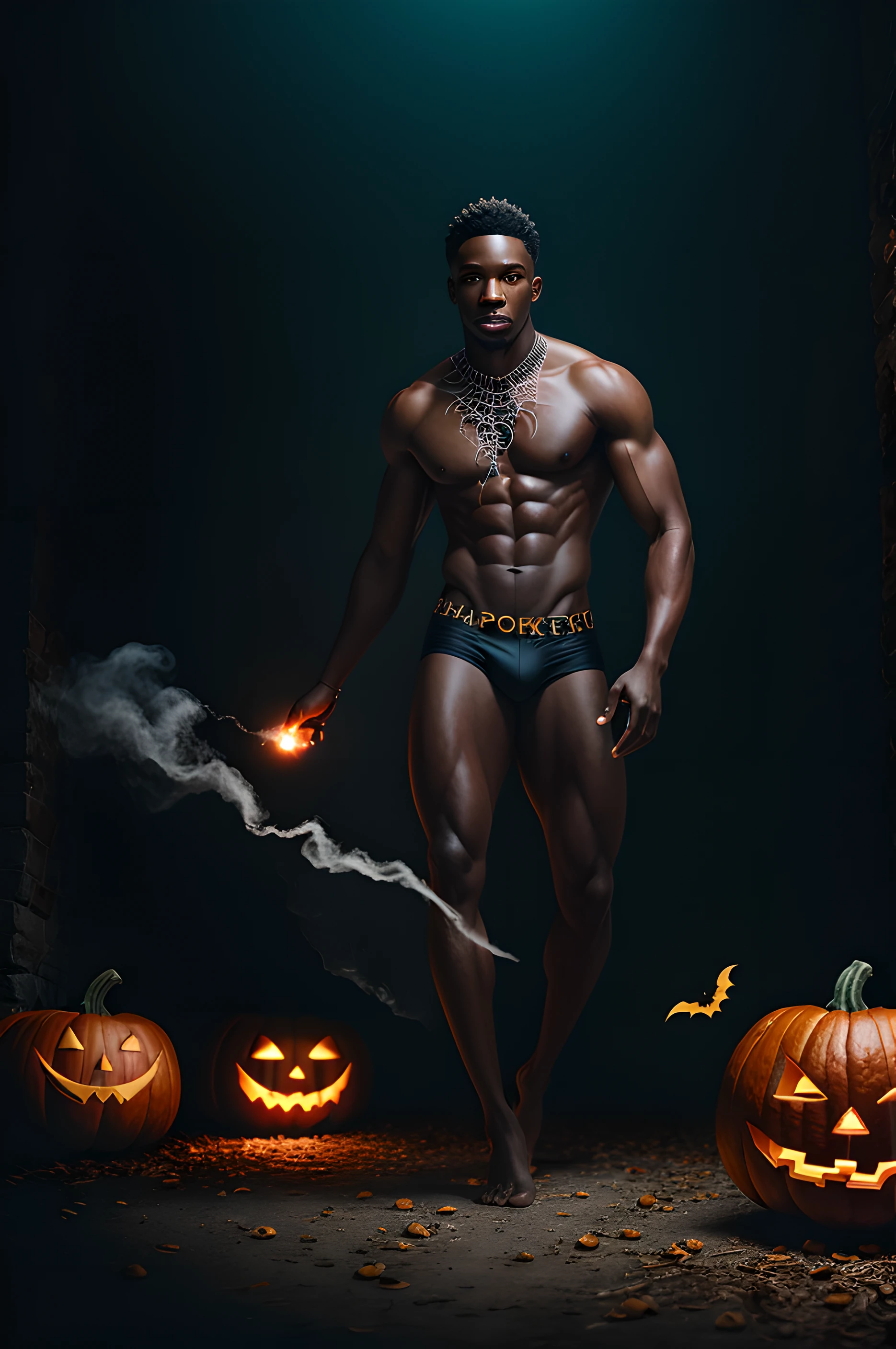 An award winning photography portrait of a halloween black male, blood hair, web, surreal decorated skin, masculine, pumpkins in the background, castle, full body in motion, defined body, full body, stunning realistic, mist, raw photograph, defined body,maximalism, octane render, unreal, 8k, depth of field, bokeh, black ink, 8k, hyperreal, 50mm, kodak portra 400, photograph by Martin Schoeller, Natural Light, natural skin, real skin texture