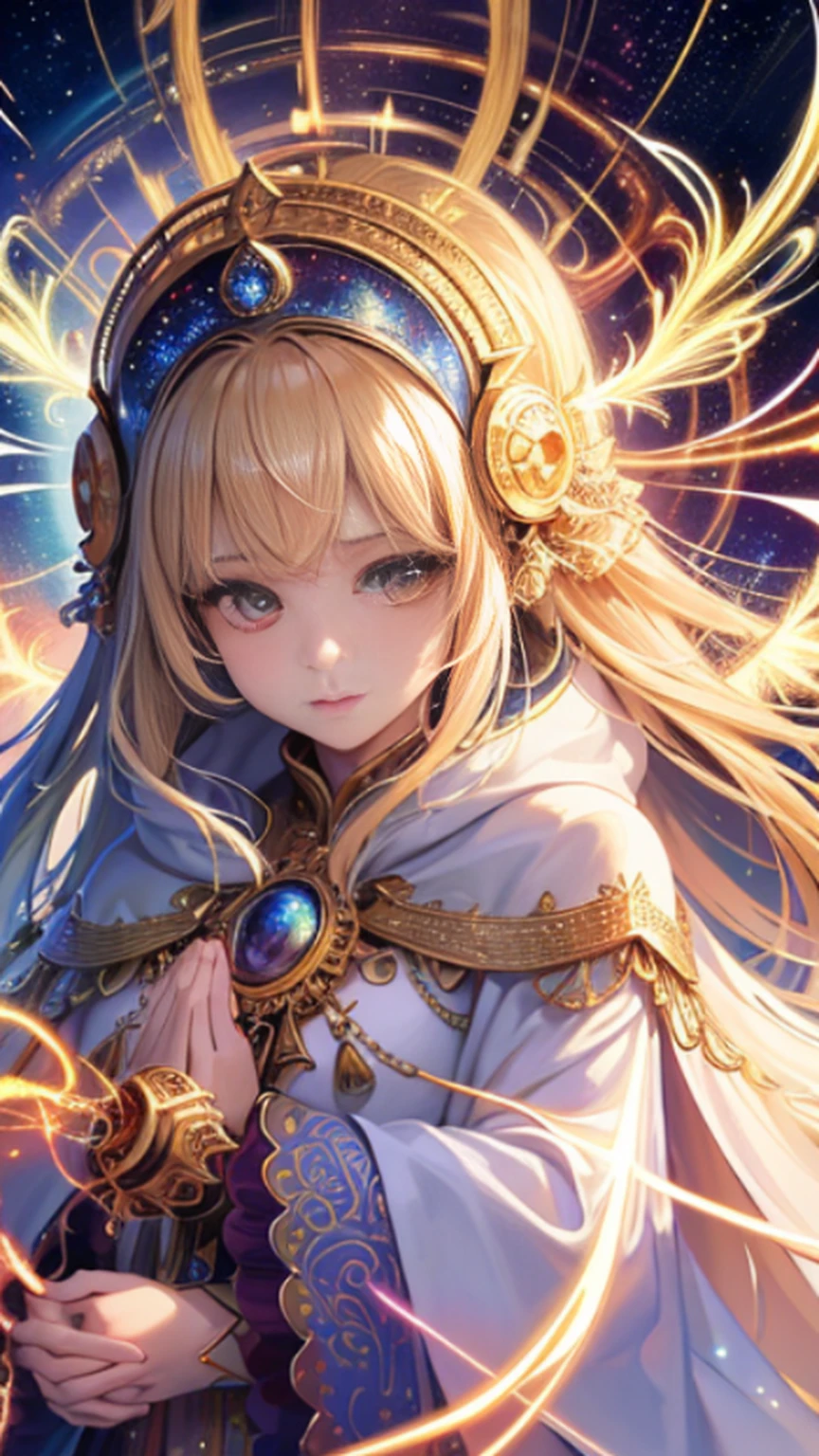 (masterpiece, top quality, best quality, official art, beautiful and aesthetic:1.2), (1girl), extreme detailed, (fractal art:1.3), colorful, highest detailed, perfect face, upper body, HDR, (praying:1.3), (white cloak golden lines:1.2), galaxy, (light streaks), striking visuals, (dynamic streaks, luminous trails:1.2), vibrant colors,