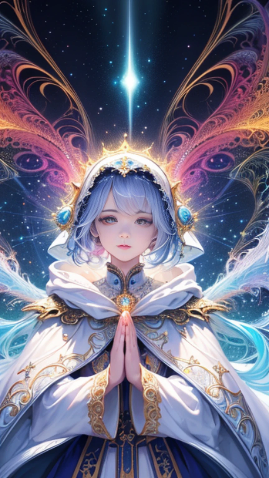(masterpiece, top quality, best quality, official art, beautiful and aesthetic:1.2), (1girl), extreme detailed, (fractal art:1.3), colorful, highest detailed, perfect face, upper body, HDR, (praying:1.3), (white cloak golden lines:1.2), galaxy, (light streaks), striking visuals, (dynamic streaks, luminous trails:1.2), vibrant colors,