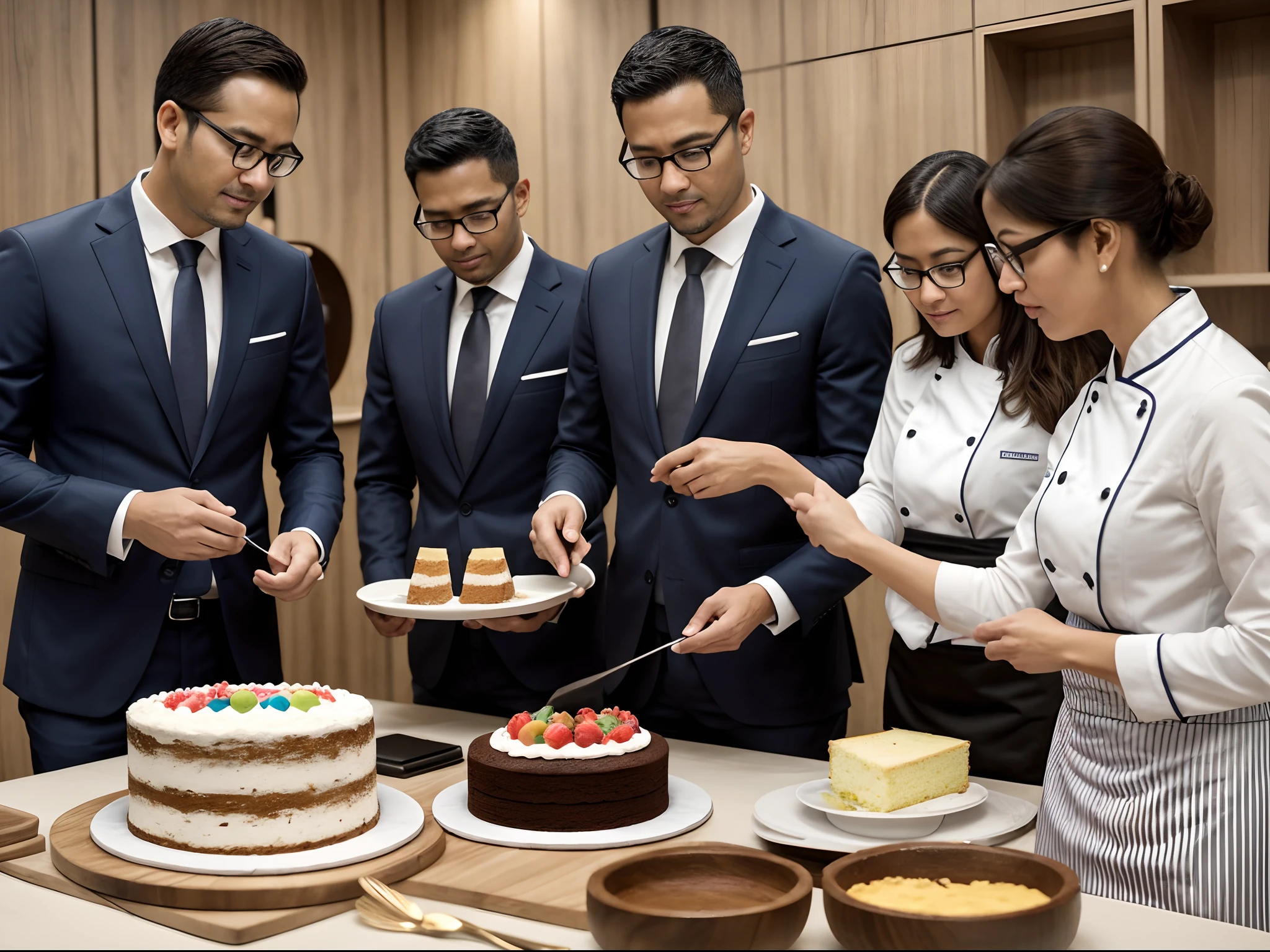 masutepiece, Best Quality, Photorealsitic, 8K, High resolution, Detailed skin, 8K UHD, Digital SLR, Soft lighting, High quality, Film grain, FUJI XT3,Cooking Contest Jury, Lots of judges looking at the cake, Put your hand on your chin to judge the cake, cake on table, looks up, Glasses, Binder retention, Suit, Innovative work, Trouble Chef with a funny face