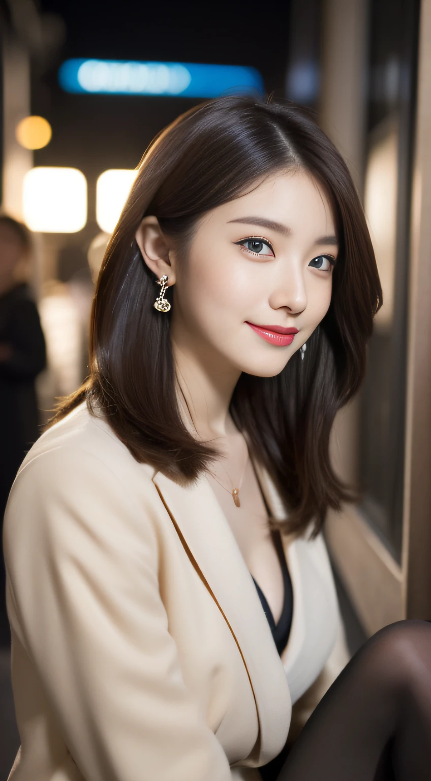 (((32K,very high res, high detailing, highly accurate,Masterpiece Girl 1))),Raw photo & realistic atmosphere,beautiful dark blue eyes,Detailed mouth,Glossy lips,Detailed eyebrows,Soft white skin that shines with every detail,,Eyes drawn in detail、Very beautiful eyes with azure eyes,Detailed lips、Very beautiful face,Very well-formed face、Lifelike face,shiny beautiful lips,Beautiful eyebrows,Infinite reality,Best design,(Insanely cute Japan -yeld gi,Beautifully shaped breasts,Very cute beautiful girl,Little Gi),Best Natural Makeup,Japanese ido,Korean Idols,Young sensual idol,Moist eyes,Dark beautiful eyes,Beautiful butt,beauty legs,,camel's foot,:1.3),超A high resolution、,Natural and realistic face,Back lighting,Pure eyes are too cute,(((photorealisim,Photograph the whole body))),,Reality Live Action,(Fashionable earrings,,a necklace,A bracelet,gyuru,Glossy nail art,College Girl Fashion,Beautifully colored jacket,sexy underwear,Slit skirt,Black pantyhose,Show me your beautiful thighs,Calm and fashionable girl,light brown hair,short-cut,独奏,Lori,little smiling,full body Esbian,Show full-body fashion,sitting cross-legs:1.7),Night in Shibuya