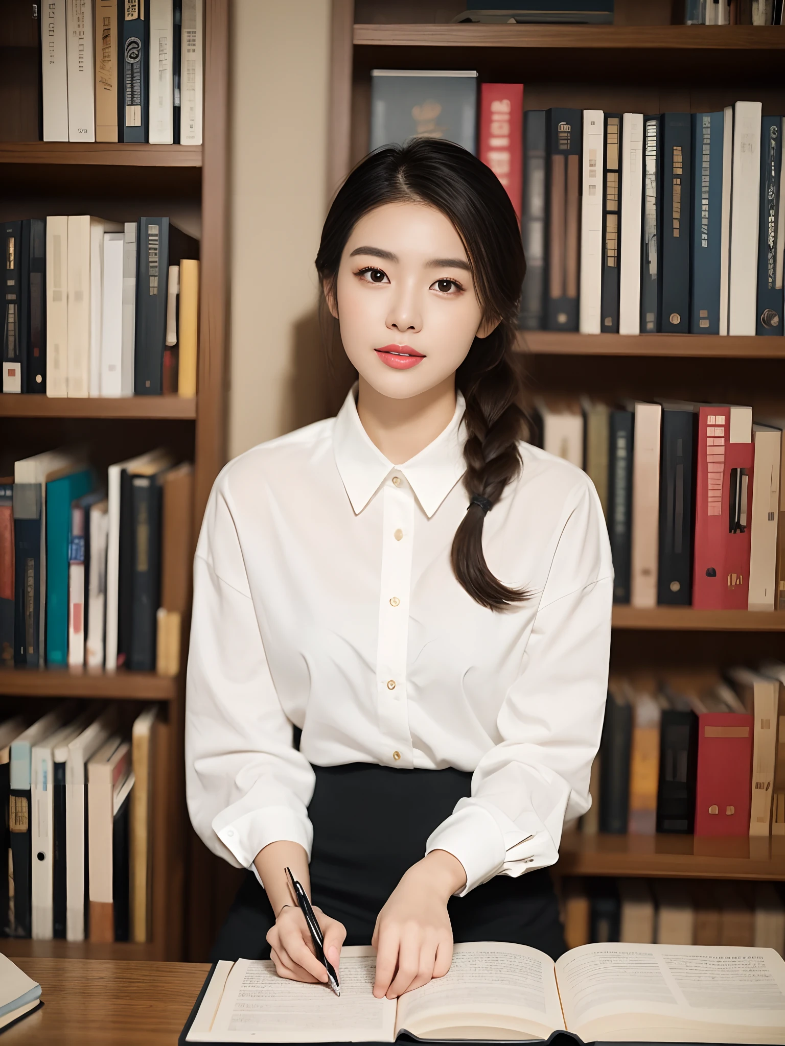 (RAW photogr:1.2),The highest quality, 超高分辨率, A 30-year-old woman in the study：She has an intellectual and elegant temperament，With a low ponytail，Wear a white shirt and a black pencil skirt，Wear a pair of high heels on your feet。She sat at her desk，A pen in his hand，Concentrate on writing，The study was piled with books and some decorations，Create a tranquil learning atmosphere。