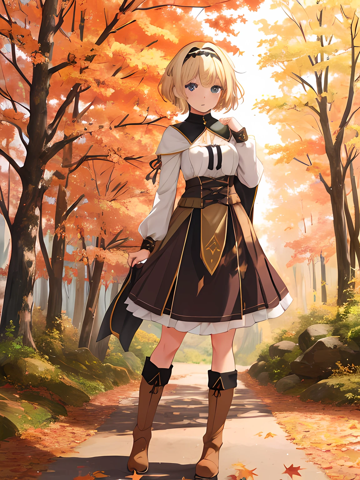 1girl. cute anime girl, blonde hair, short hair, fringe, hairband medieval dress, brown boots, dynamic pose, forest, tree, autum, leafs, clean detailed faces, analogous colors, beautiful gradient, clean image, high quality, high detail, high definition, cute face, 4k resolution, full body, ultra sharp focus, extremely detailed eyes, detailed symmetric realistic face, extremely detailed natural texture, extremely detailed, fine detail, rich colors, one body, fully clothed, head in frame, body in frame,