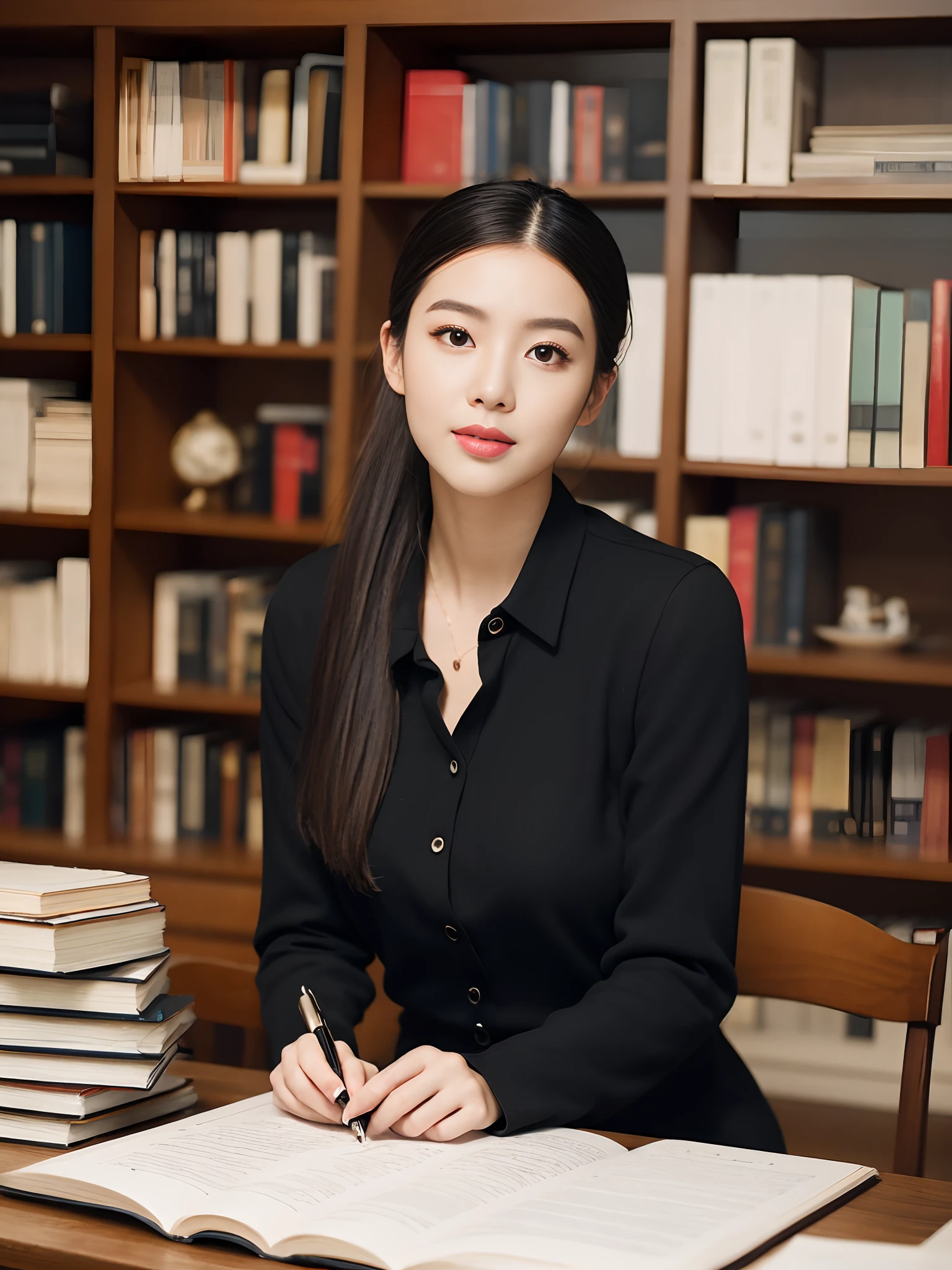 (RAW photogr:1.2),The highest quality, 超高分辨率, A 30-year-old woman in the study:She has an intellectual and elegant temperament,With a low ponytail,Wear a white shirt and a black pencil skirt,Wear a pair of high heels on your feet。She sat at her desk,A pen in his hand,Concentrate on writing,The study was piled with books and some decorations,Create a tranquil learning atmosphere。