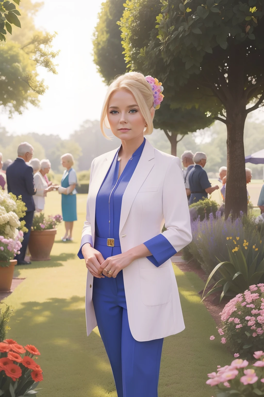 Year: 2023. Location: Aiken, South Carolina. 30-year-old blonde politician woman, standing, surrounded by old people, nursing home, garden party, ((2020s colorful modern clothes)) ((2020s hairstyle)) ((in the style of "OMITB")) ((cinematic style))