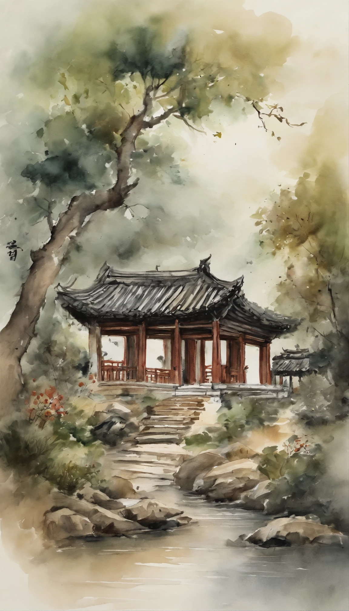 Quaint Han Dynasty style temple，（There was an ancient Chinese monk who sat and meditated（closeup cleavage）），（Meditate），zazen，age-old tree，falling leaf，（Chinese landscape painting style），（Pastel ink painting），（8k wallpaper），（light and shadow effect），rendering by octane，White balance design，Extremely detailed picture depiction，wide angles，depth of fields，tmasterpiece，realisticlying，Beautifully depicted，A detailed，acurate，Works of masters，tmasterpiece