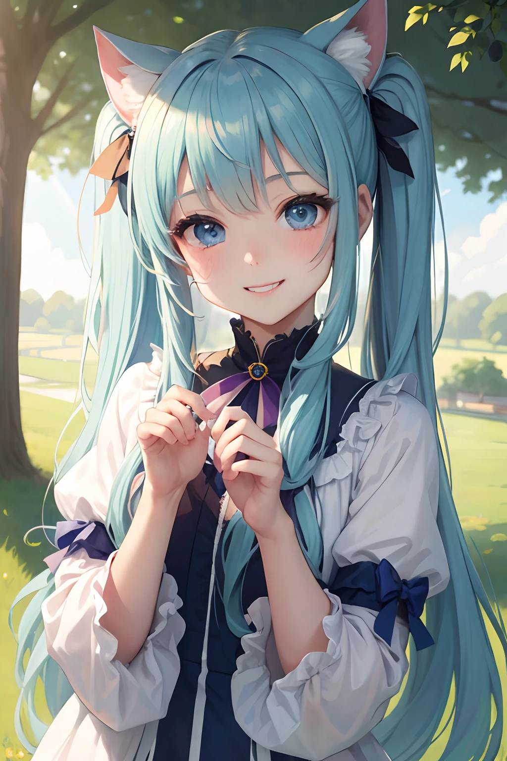 masterpiece:1.2、hightquality、top-quality、hight resolution、detaileds、A hyper-realistic、20Beauty of the same age、long hair with pink twin tails,,,,,,、Beautiful blue eyes、tilt of the head、morning glow、Green grass々Shigi々、birdie、rainbows、portlate、Lovely smile、showing teeth、(A detailed face)、((foco nítido))、((faces))、The upper part of the body_Body