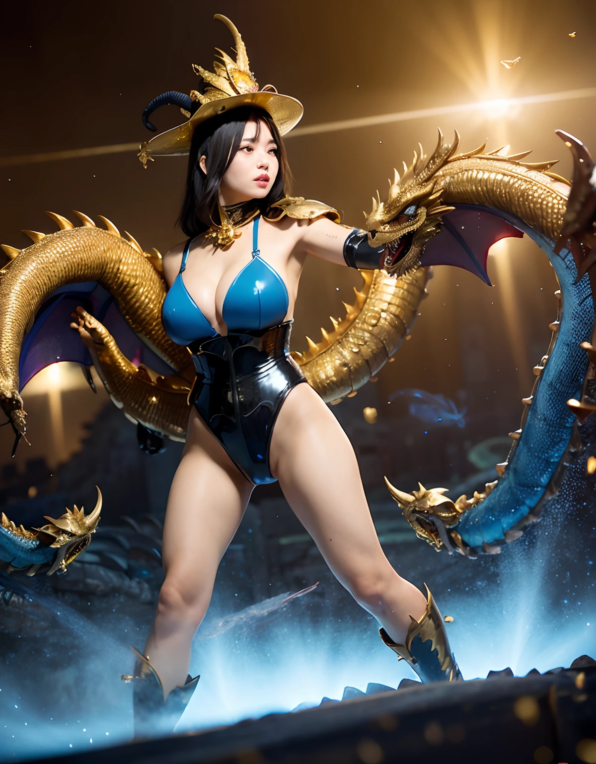 ((World of Darkness)),Professional , ​masterpiece、top-quality、photos realistic , depth of fields 、(((Fight dragons))),（Dragon Black Metal Body:1.9),(Latex Blue、（cleavage of the breast）,（Fight dragons）、Full Body Angle、(((Particles of light))),（Micro Bikini Armor:1.7),Gorgeous gold weapons ,（Fight dragons）、Seductive look、The face of the dragon is out、（blood splattere、Armpit、（(((With a magic wand))), ） , (((Wearing a black latex wizard hat))),（demonic wings）   ,（（a blond））、（Castle background）、（（Gangle's forest background））、Beautiful Caucasian beauty、１a person、Armpit、dynamic ungle,(((Detailed Gold Dragon Wizard Hat)))、Smaller head、A smile、Castle background、Thin and beautiful female hands、cleavage of the breast、Soldier in iron armor on background、Mystical expression、Light Effects、intense fighting、Wind-effect、magic circles、With the legendary magic wand、Dragon's tail、explosions、Toostock、Toostock、(Beautuful Women),