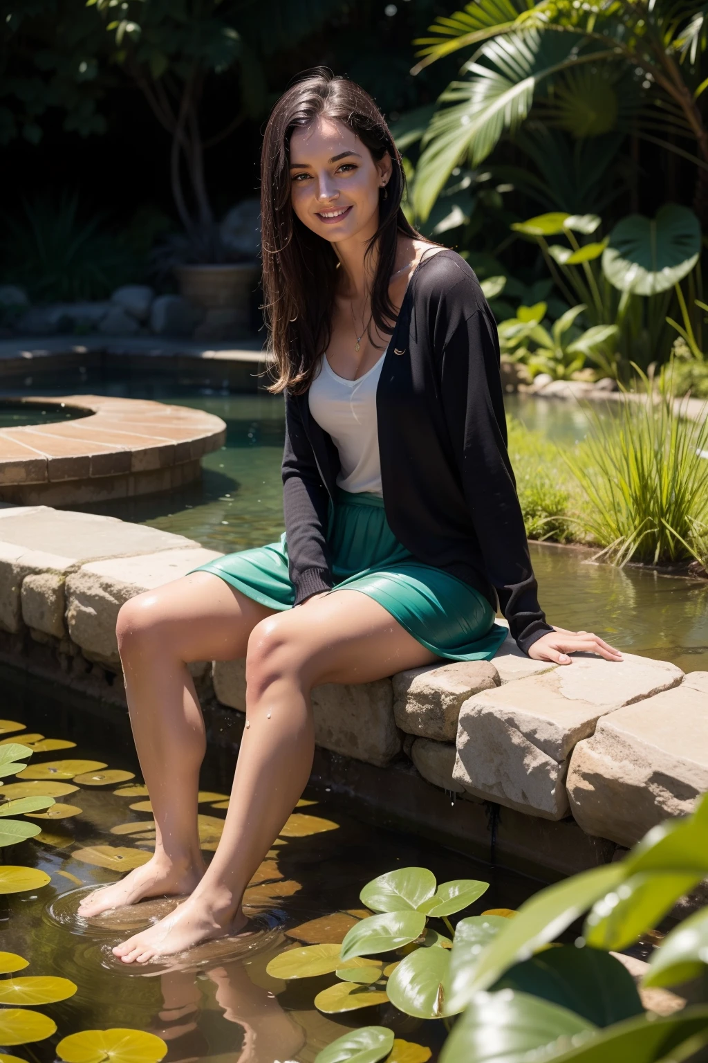 30 yo australian woman sitting in garden pond, wet clothes, soaked, cardigan, long skirt, wet skin, in waist deep, wet hair, clear sunny day, shadows, tranquil, soaked in oil, dripping oil, dripping water, running water, high resolution, best quality, alluring, wet straight dark hair, 8k, wet, jewelry, looking at viewer, smile, varied poses