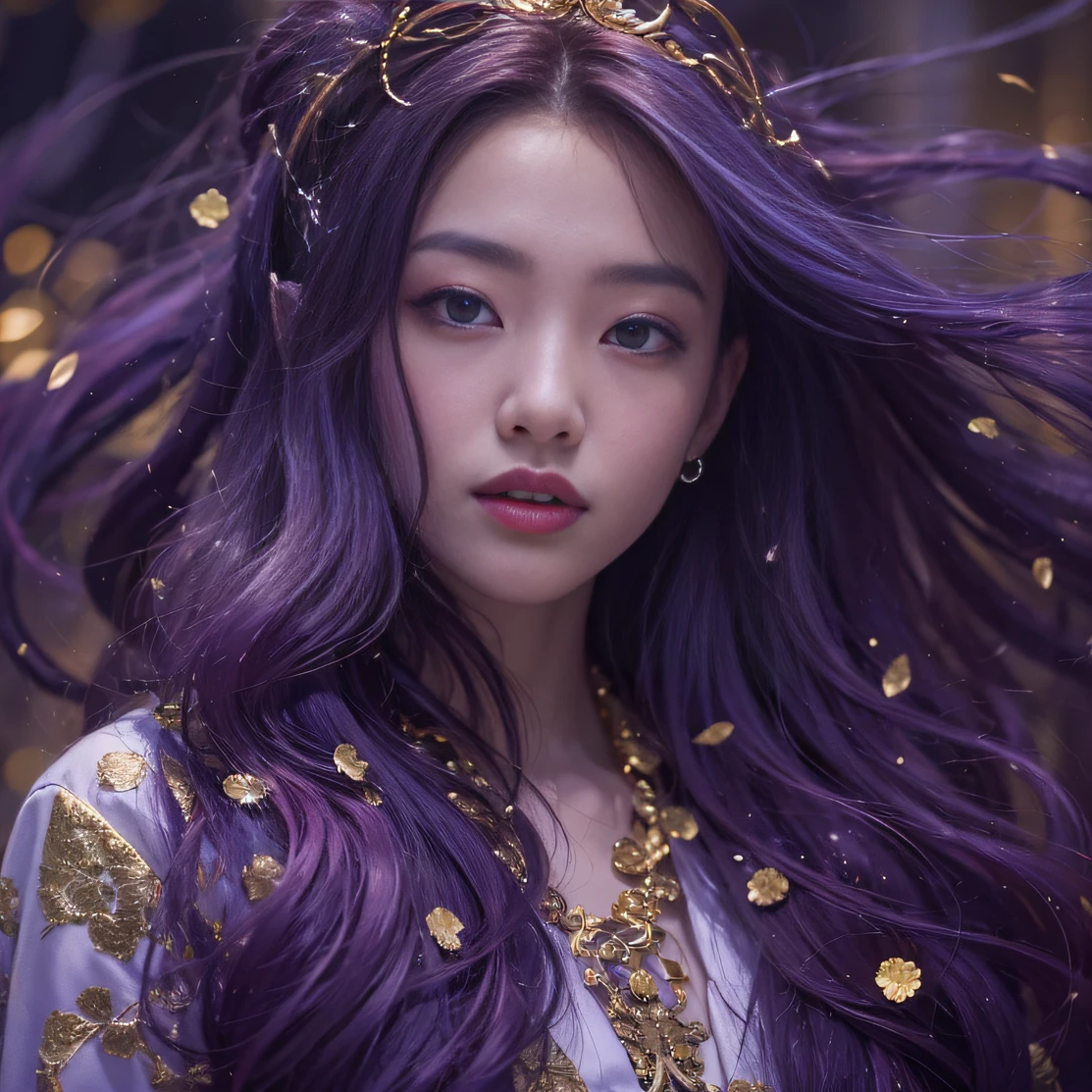 Genki Girl 32K（tmasterpiece，k hd，hyper HD，32K）Long flowing bright purple hair，Autumn Pond，zydink， a color， Asian people （Genki girl）， （Silk scarf）， Combat posture， looking at the ground， long whitr hair， Floating bright purple， Fire cloud pattern gold tiara， Chinese long-sleeved gold silk garment， （Abstract metaverse splash：1.2）， white backgrounid，Lotus vitality protector（realisticlying：1.4），Bright purple hair，Smoke on the road，The background is pure， A high resolution， the detail， RAW photogr， Sharp Re， Nikon D850 Film Stock Photo by Jefferies Lee 4 Kodak Portra 400 Camera F1.6 shots, Rich colors, ultra-realistic vivid textures, Dramatic lighting, Unreal Engine Art Station Trend, cinestir 800，A girl with long flowing bright purple hair