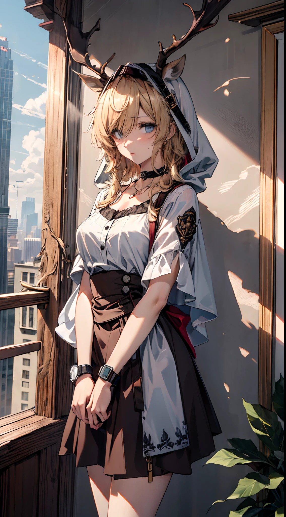 (((Masterpiece))),(incredibly_absurderes),(Best quality),(A high resolution),(Highly detailed),((CG unity 8k wallpaper)),Best quality at best,tmasterpiece,1girll,blond hairbl,messy hair,curly_Hair,The shirt,a skirt,kawai,JK,Red_bow,Wrist watch,choker necklace,view over city,Original photo of 8K,超高分辨率,highest details,复杂,8K,hdr,